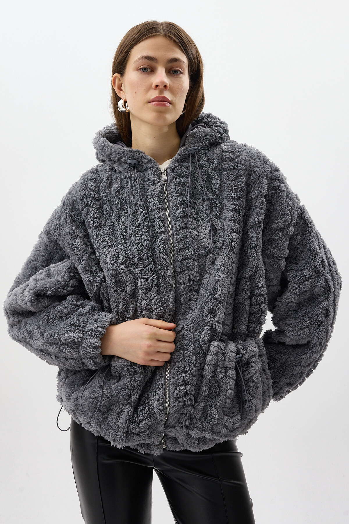 Antrasit Fermuarlı Cepli Kapüşonlu Peluş Kadın Hırka Ceket 5061 - RAYS