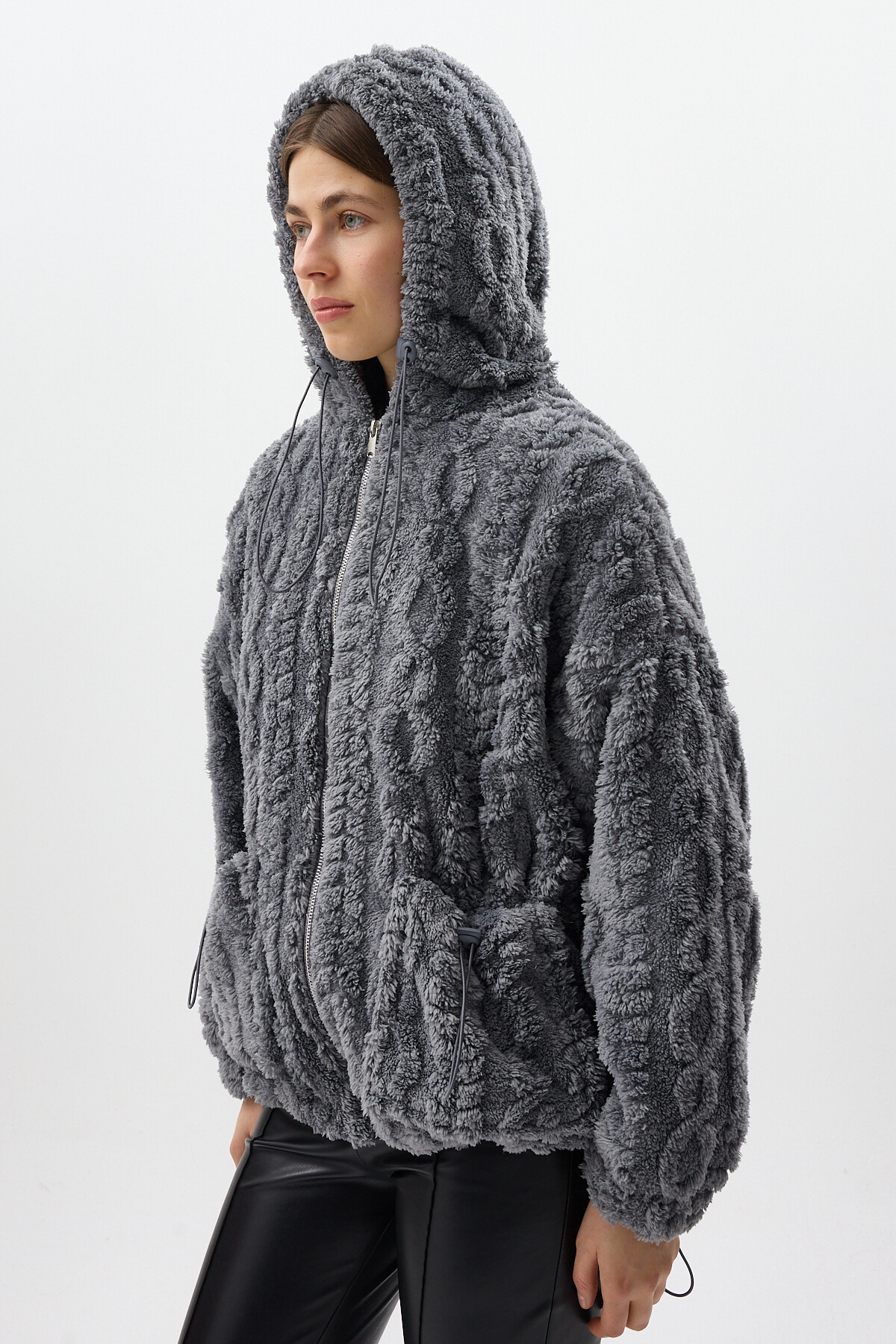 Antrasit Fermuarlı Cepli Kapüşonlu Peluş Kadın Hırka Ceket 5061 - RAYS