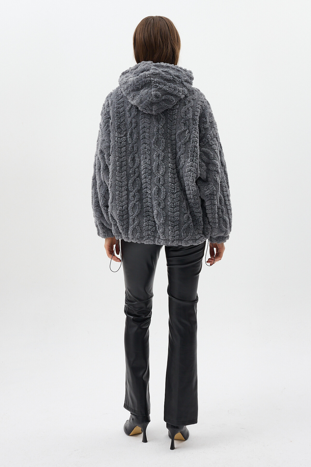 Antrasit Fermuarlı Cepli Kapüşonlu Peluş Kadın Hırka Ceket 5061 - 5