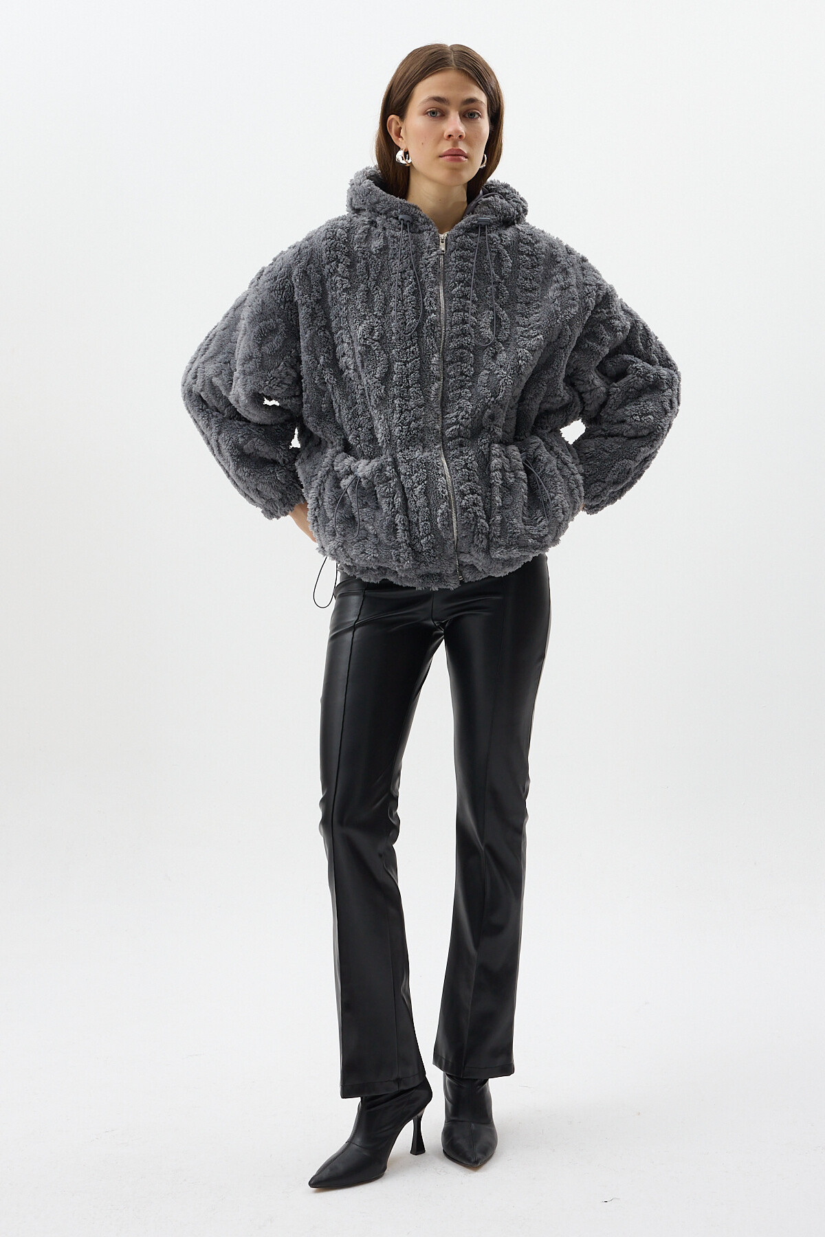 Antrasit Fermuarlı Cepli Kapüşonlu Peluş Kadın Hırka Ceket 5061 - 7