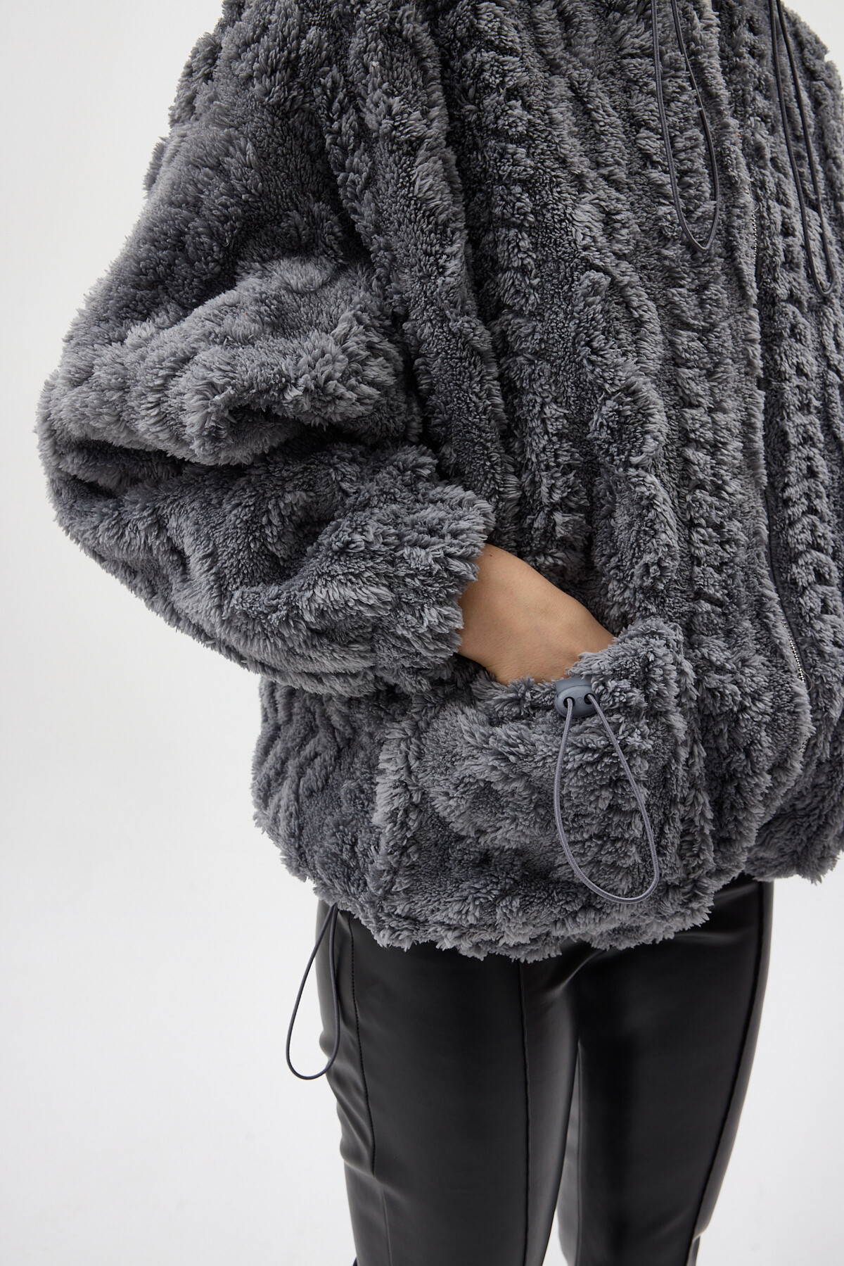 Antrasit Fermuarlı Cepli Kapüşonlu Peluş Kadın Hırka Ceket 5061 - 4