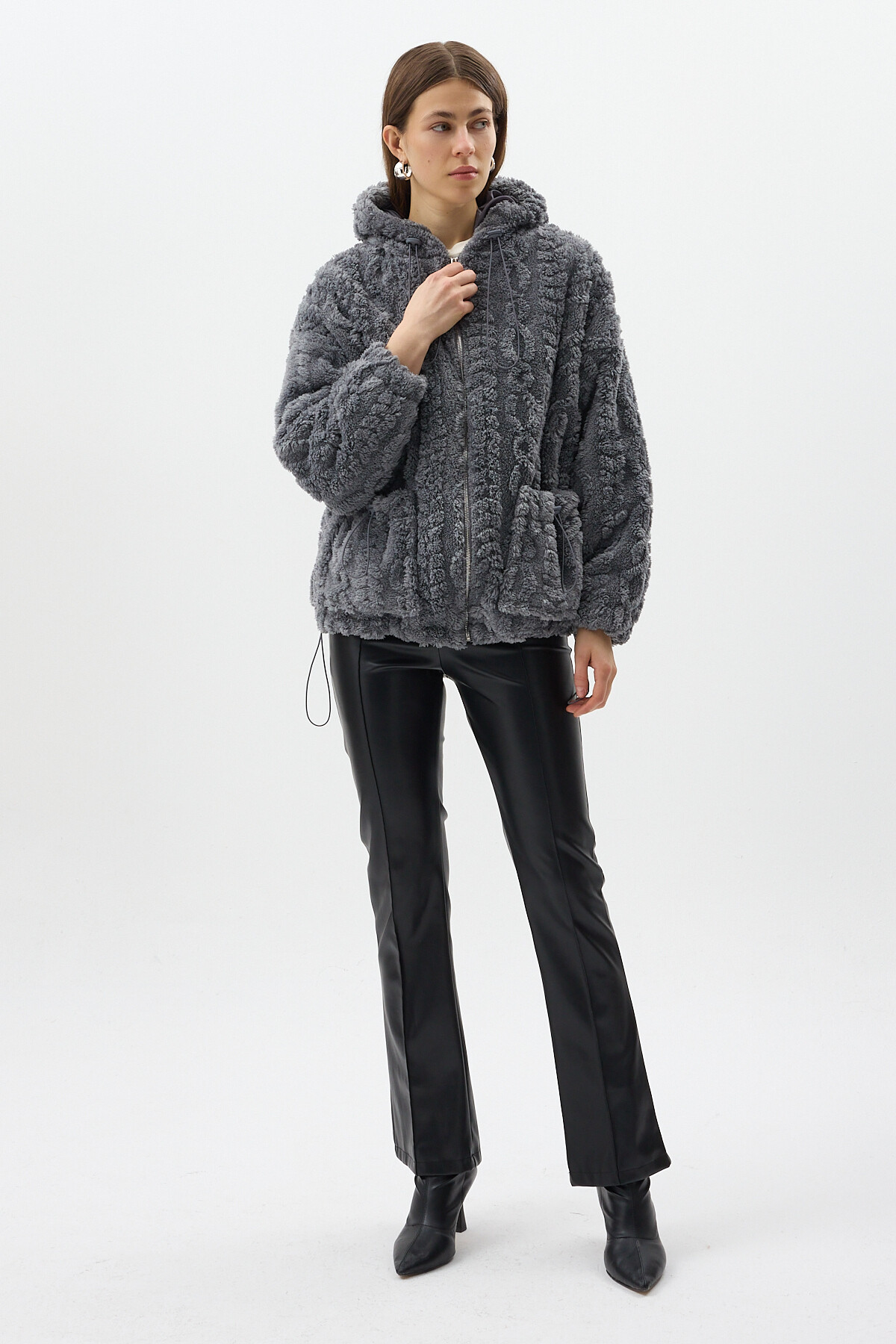 Antrasit Fermuarlı Cepli Kapüşonlu Peluş Kadın Hırka Ceket 5061 - 6