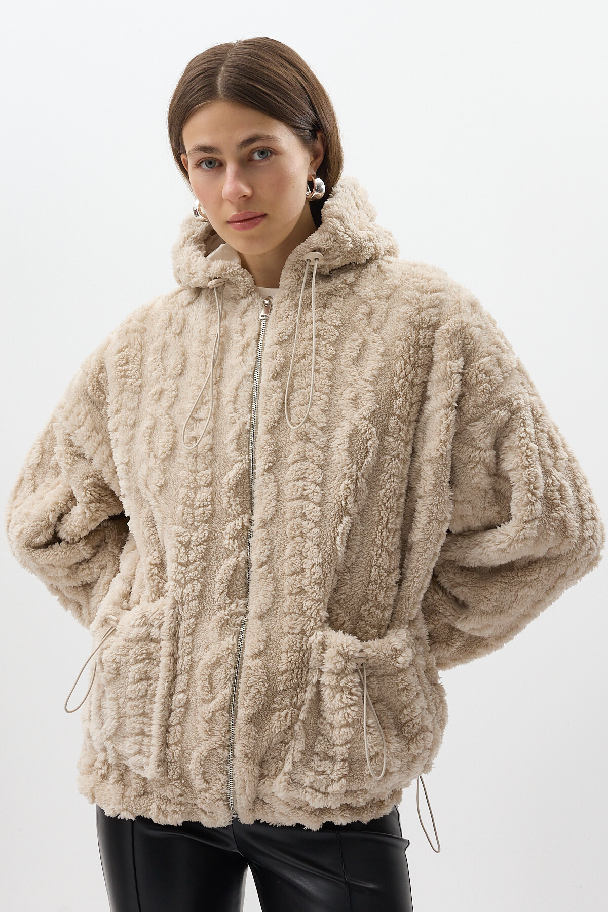 Ekru Fermuarlı Cepli Kapüşonlu Peluş Kadın Hırka Ceket 5061 - 6