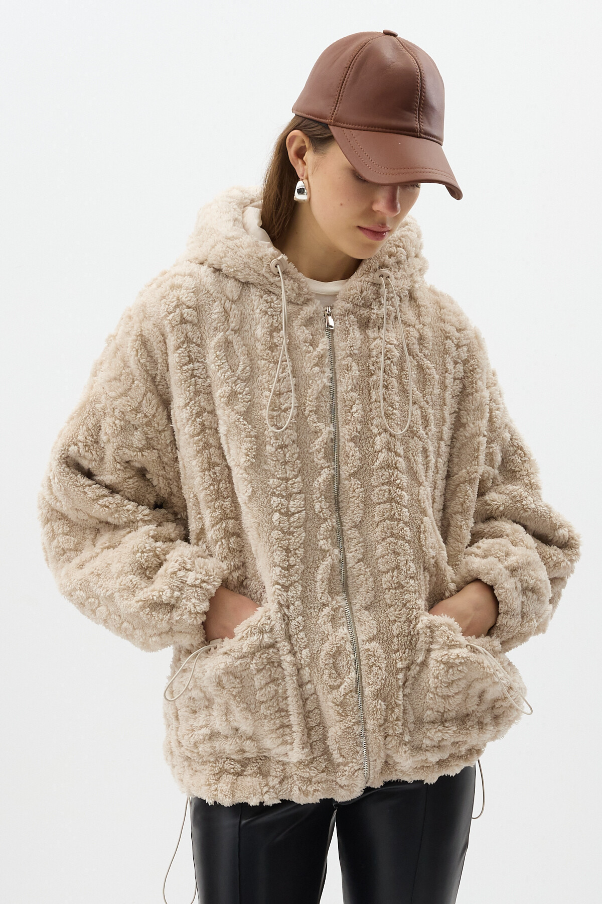 Ekru Fermuarlı Cepli Kapüşonlu Peluş Kadın Hırka Ceket 5061 - 1