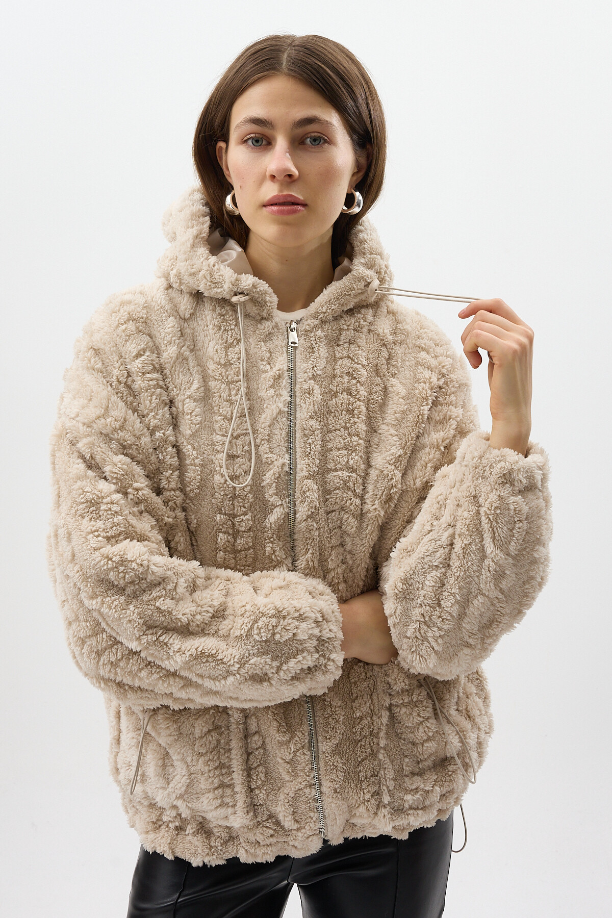 Ekru Fermuarlı Cepli Kapüşonlu Peluş Kadın Hırka Ceket 5061 - 7