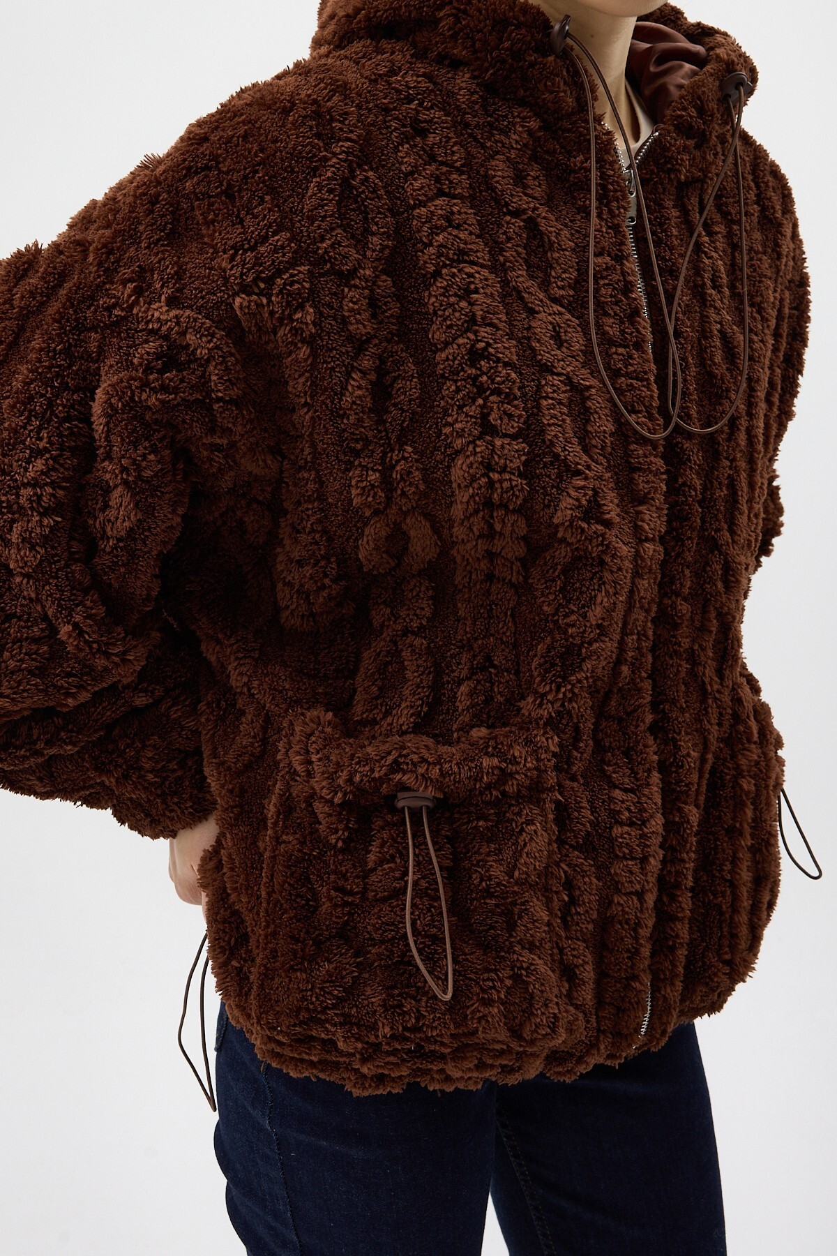 Kahverengi Fermuarlı Cepli Kapüşonlu Peluş Kadın Hırka Ceket 5061 - 4