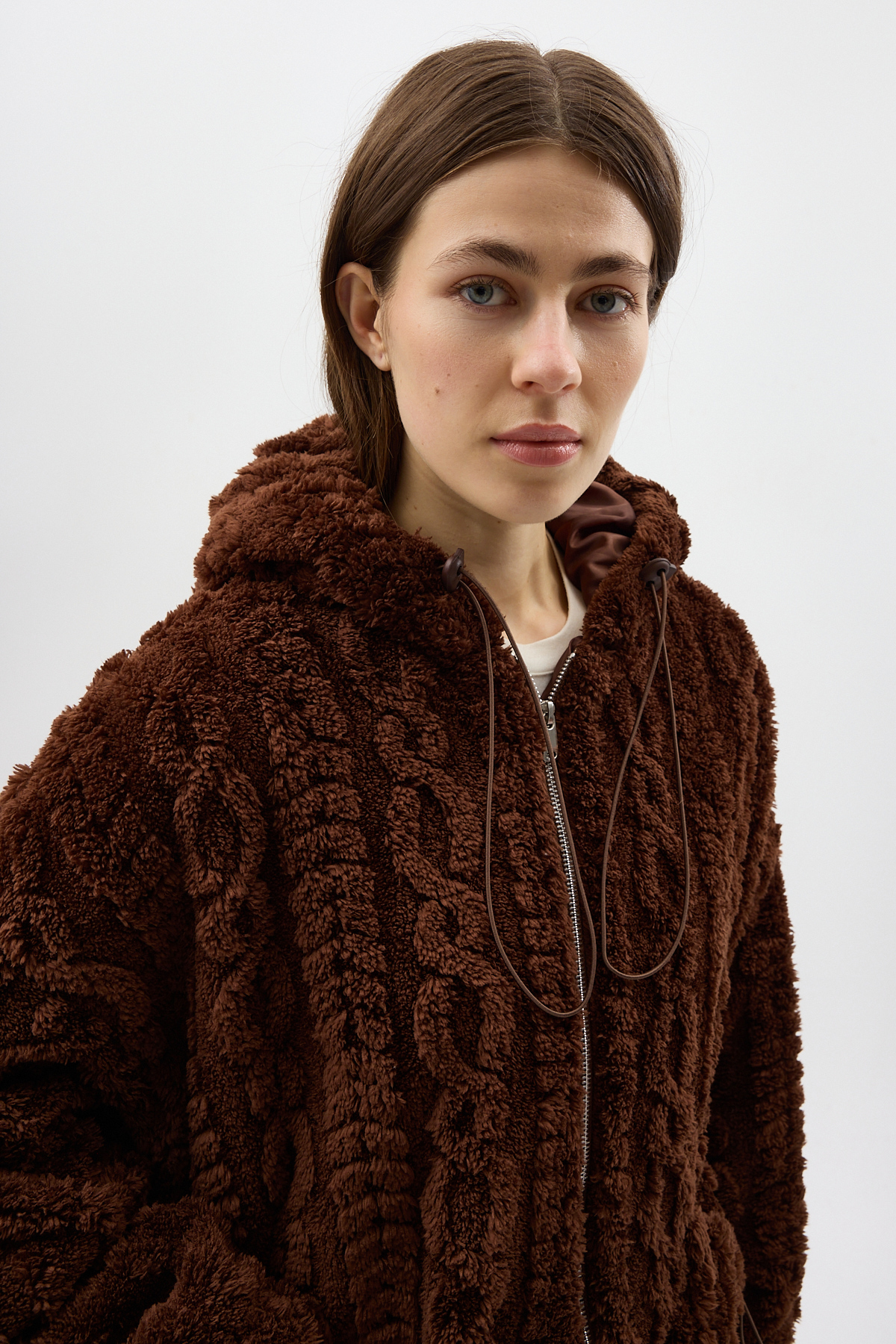 Kahverengi Fermuarlı Cepli Kapüşonlu Peluş Kadın Hırka Ceket 5061 - 6