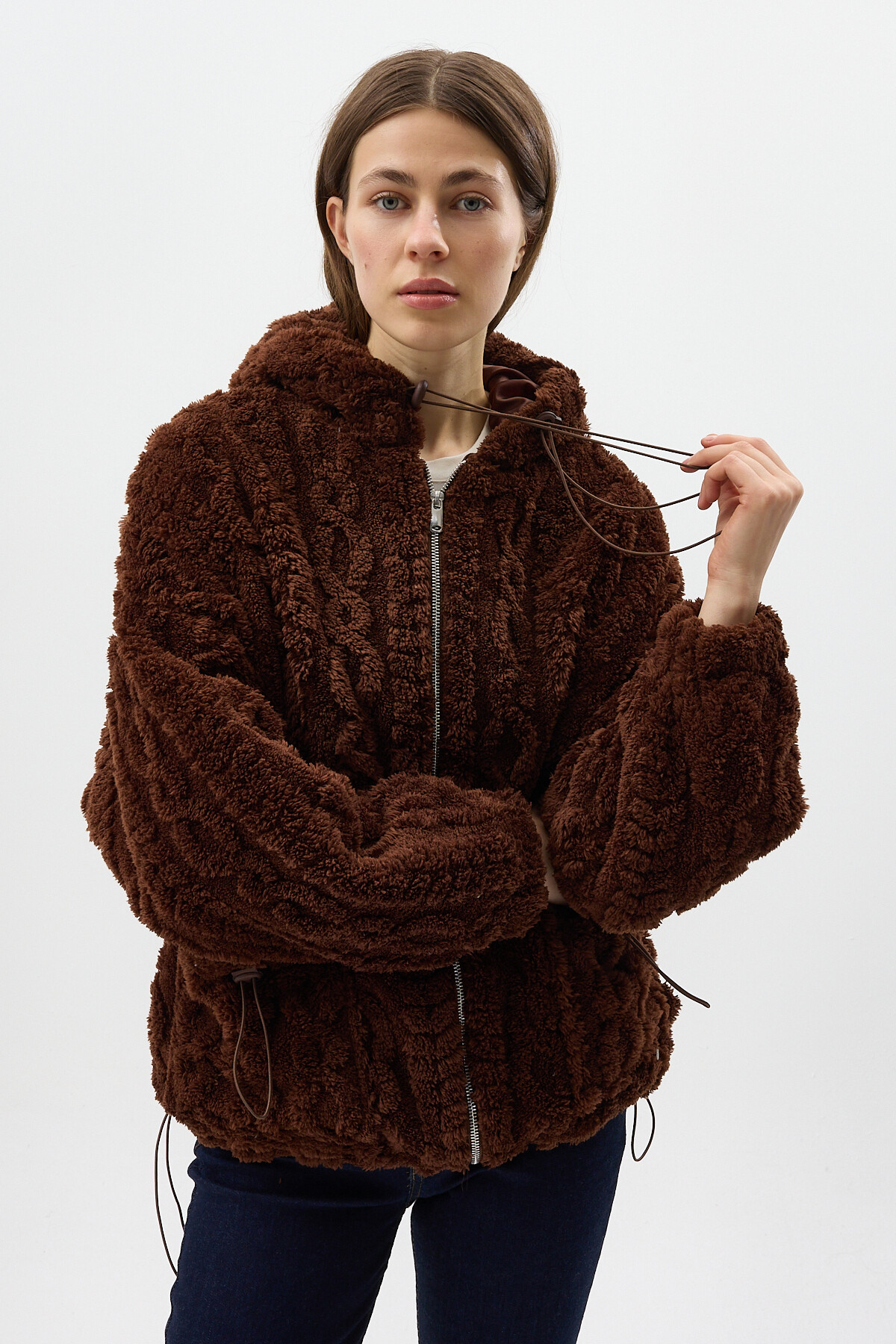 Kahverengi Fermuarlı Cepli Kapüşonlu Peluş Kadın Hırka Ceket 5061 - 1