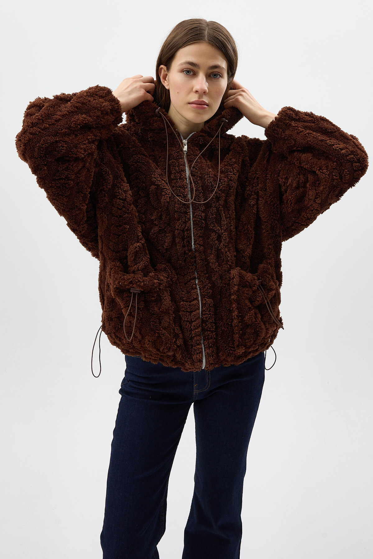 Kahverengi Fermuarlı Cepli Kapüşonlu Peluş Kadın Hırka Ceket 5061 - 7