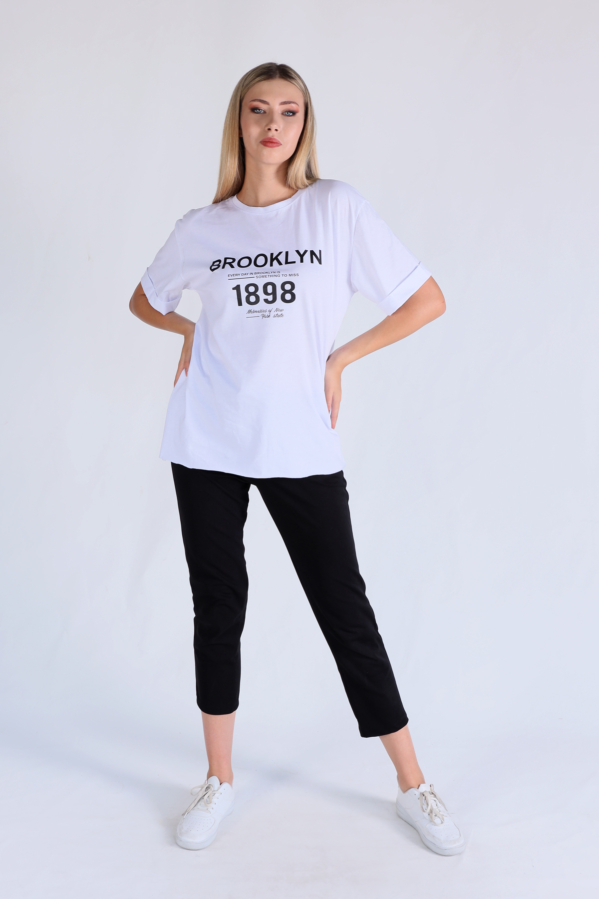 5129 Brooklyn Baskı Oversize Tişört Beyaz - 4