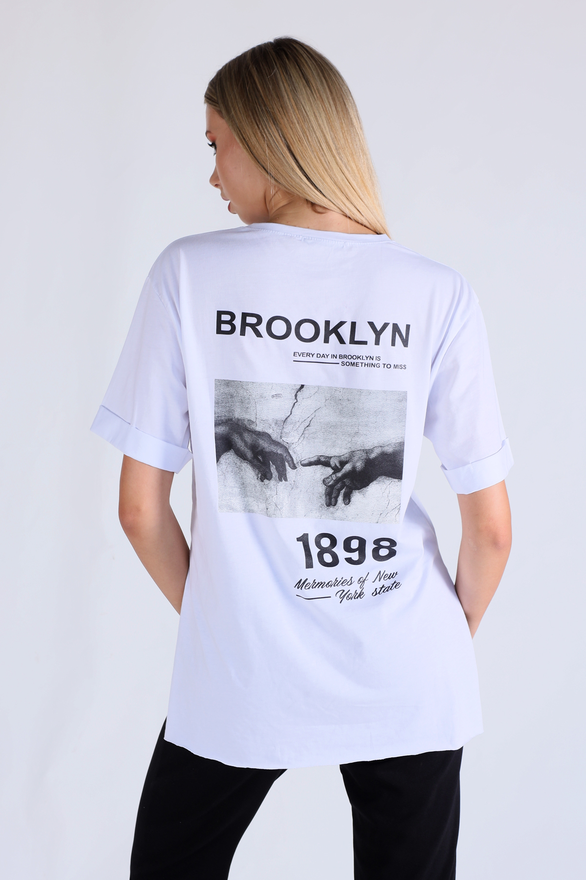 Beyaz Brooklyn Baskı Oversize Tişört 5129 - 3