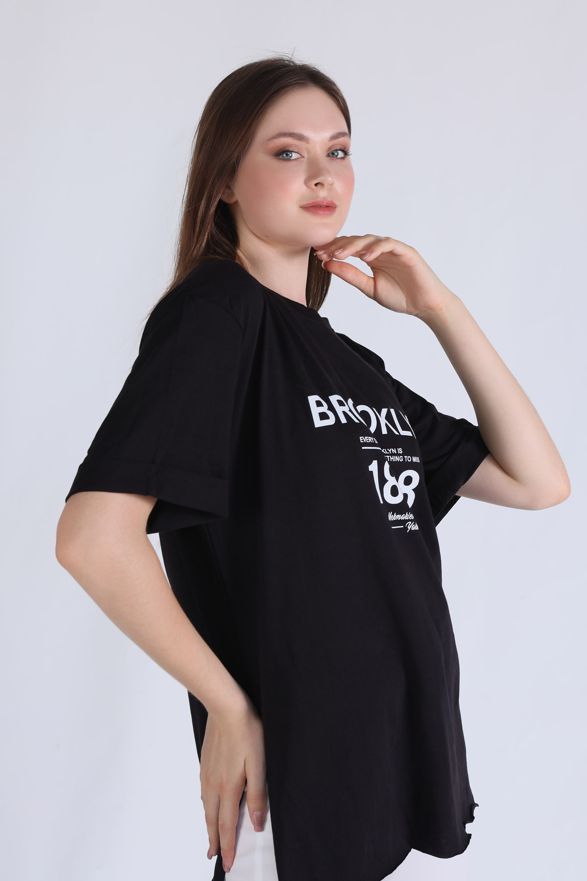 5129 Brooklyn Baskı Oversize Tişört Siyah - 3