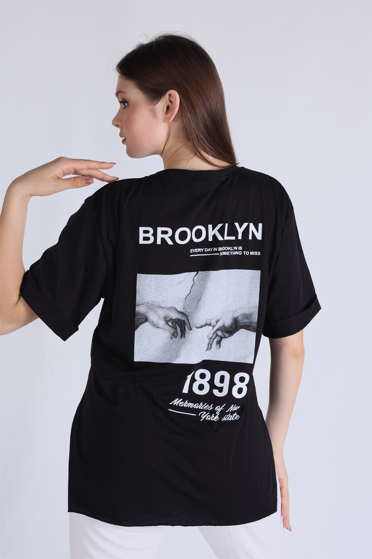 5129 Brooklyn Baskı Oversize Tişört Siyah - 4