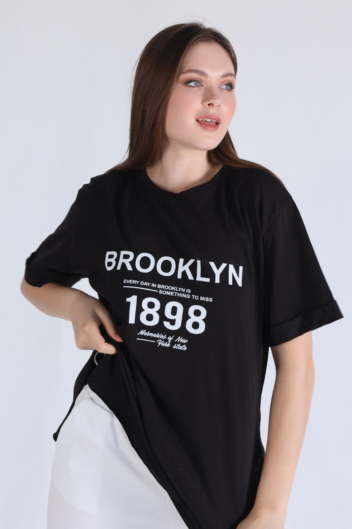 Siyah Brooklyn Baskı Oversize Tişört 5129 - 2