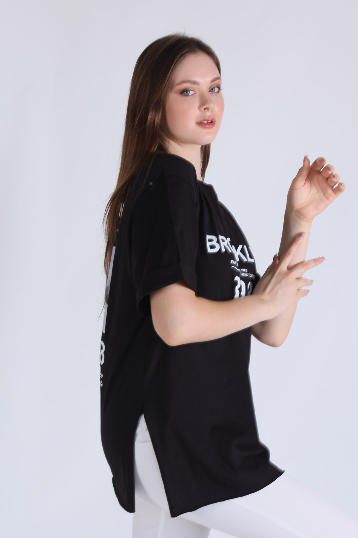 Siyah Brooklyn Baskı Oversize Tişört 5129 - 5