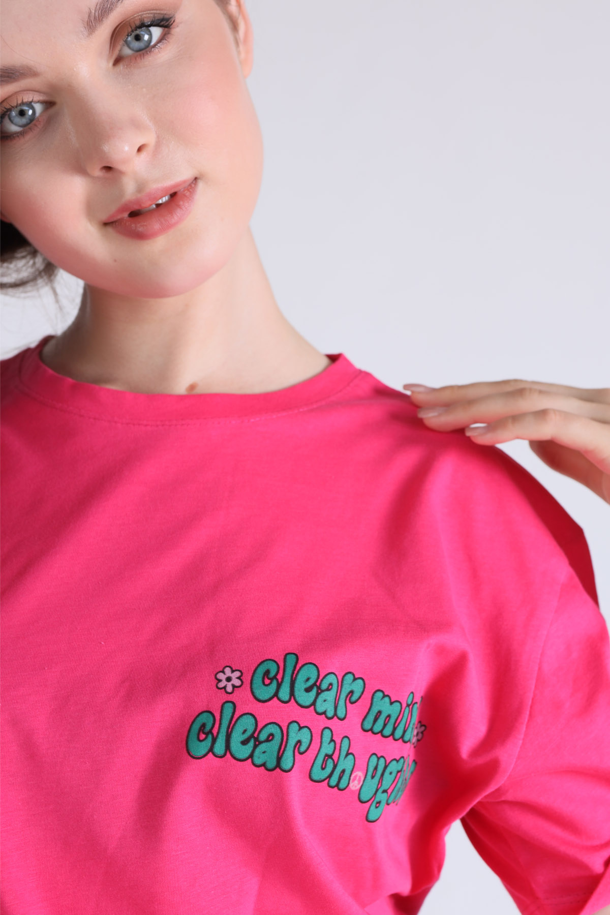 5146 Clear Mind Oversize Tişört Fuşya - 4