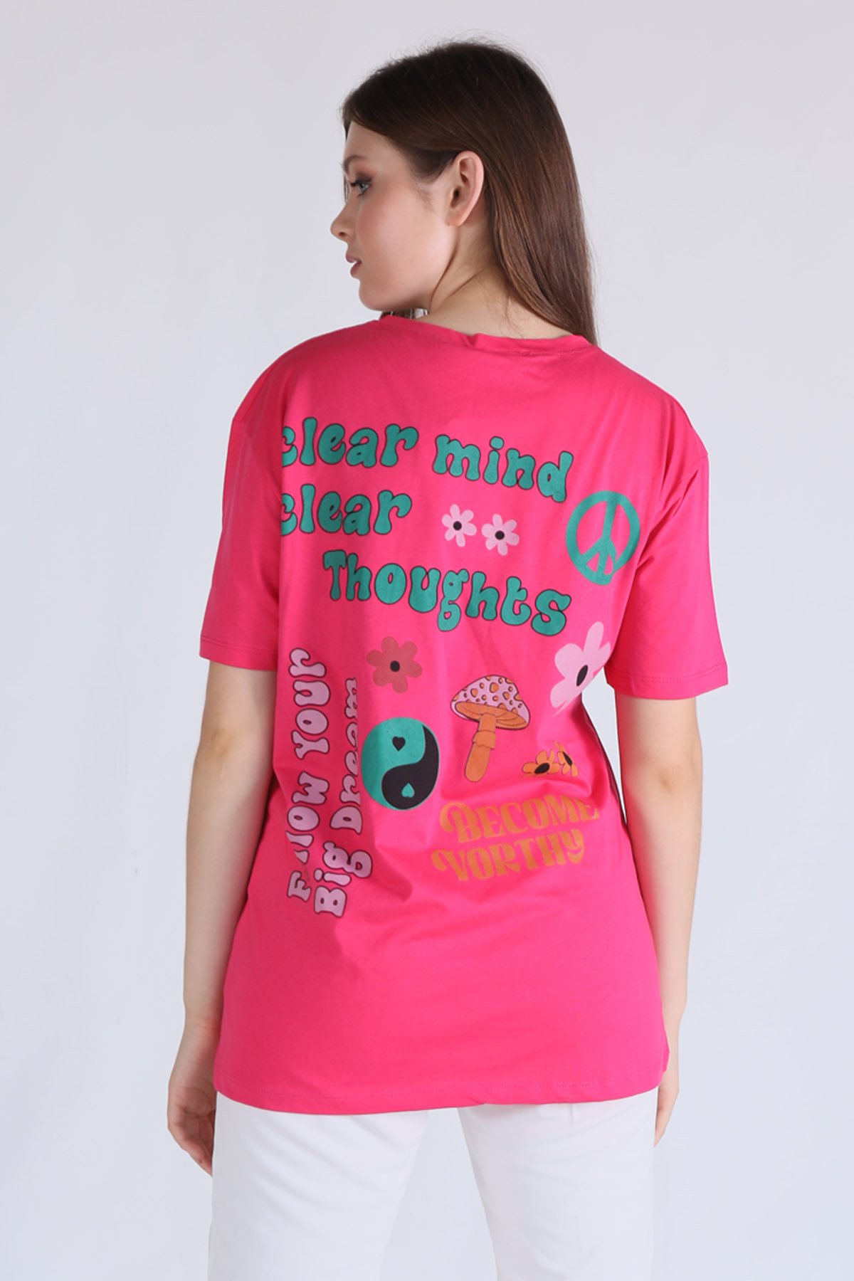 5146 Clear Mind Oversize Tişört Fuşya - 5