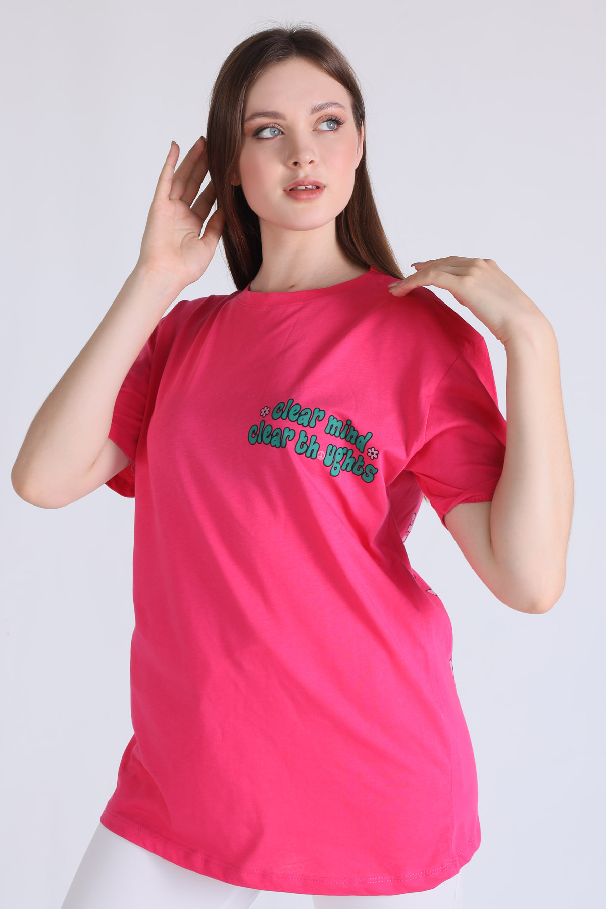 Fuşya Clear Mind Oversize Tişört 5146 