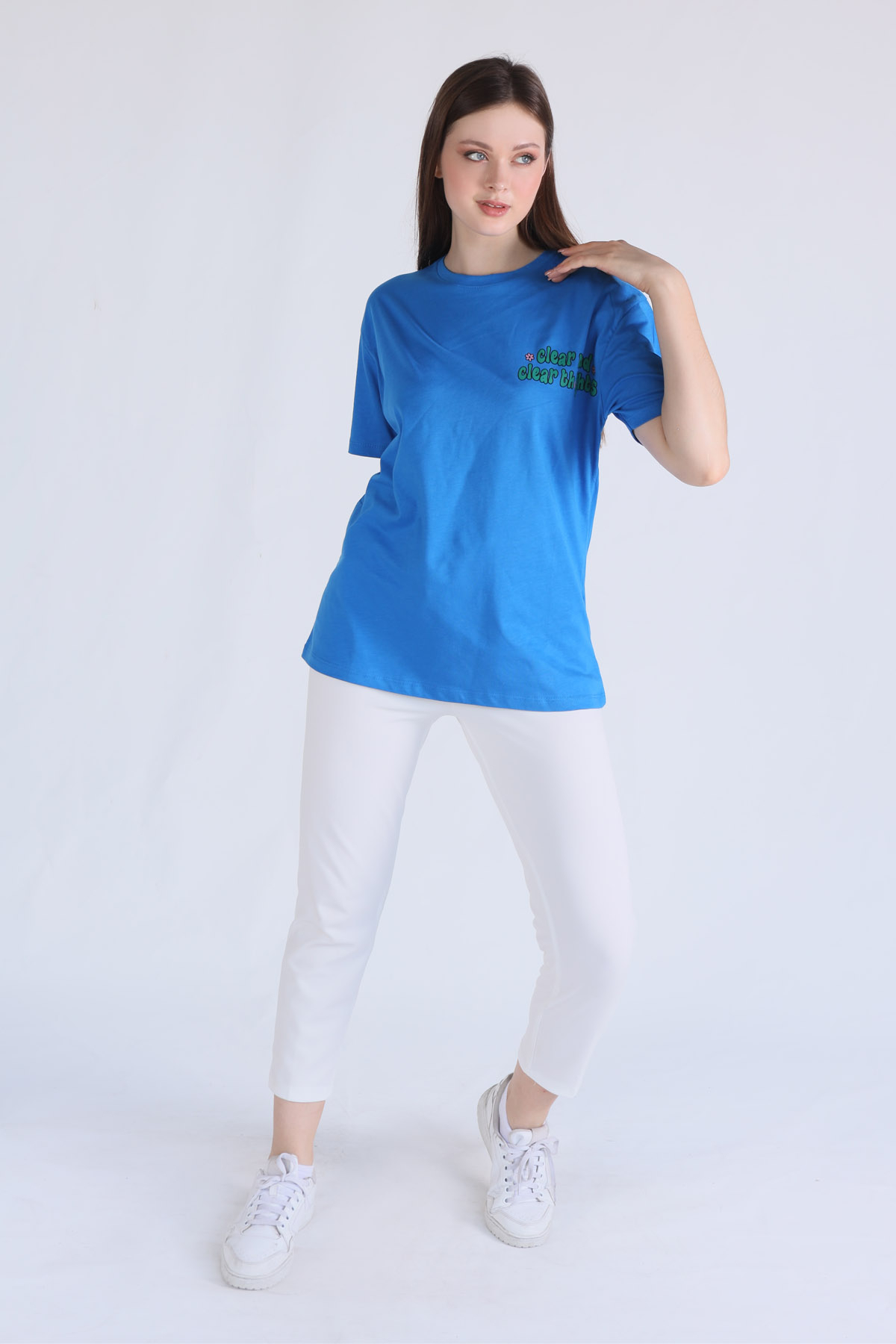 5146 Clear Mind Oversize Tişört Saks 