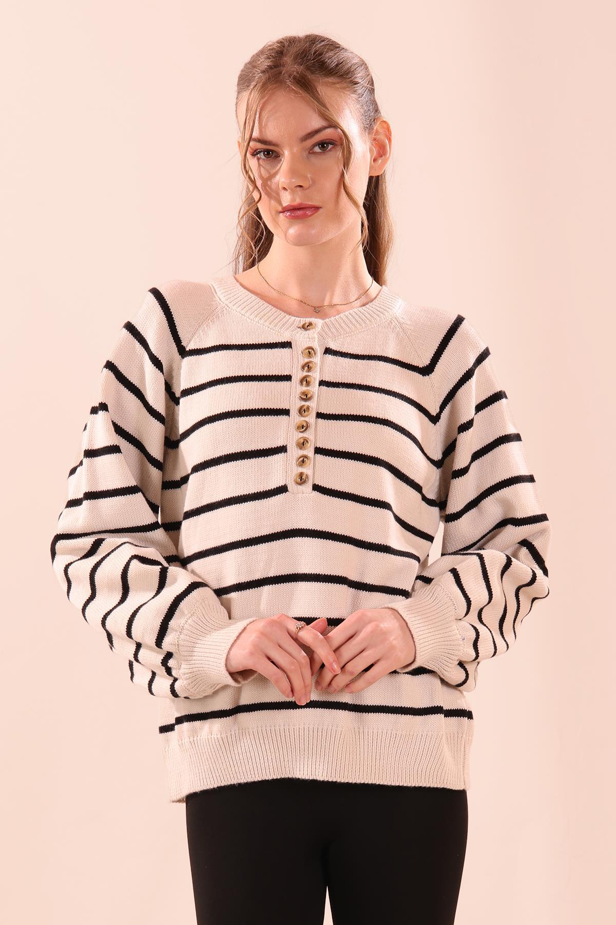 5156 Yaka Düğmeli Balon Kol Kazak Taş 