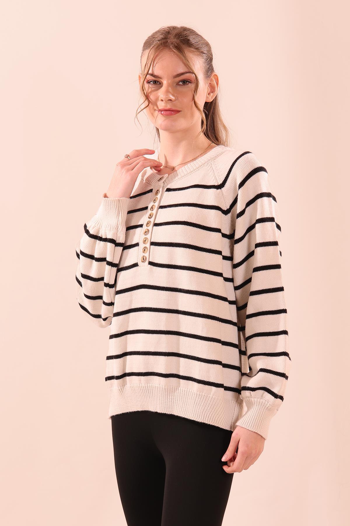 5156 Yaka Düğmeli Balon Kol Kazak Taş - 2