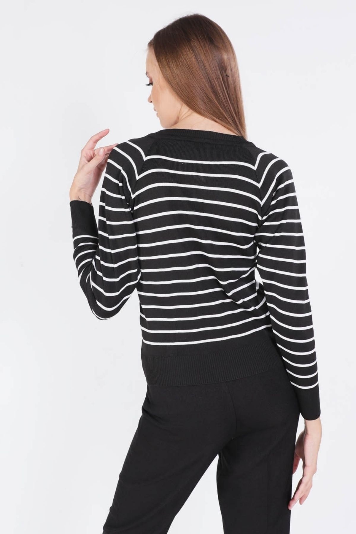 7010 Çizgili Düğmeli Kazak Siyah - 2