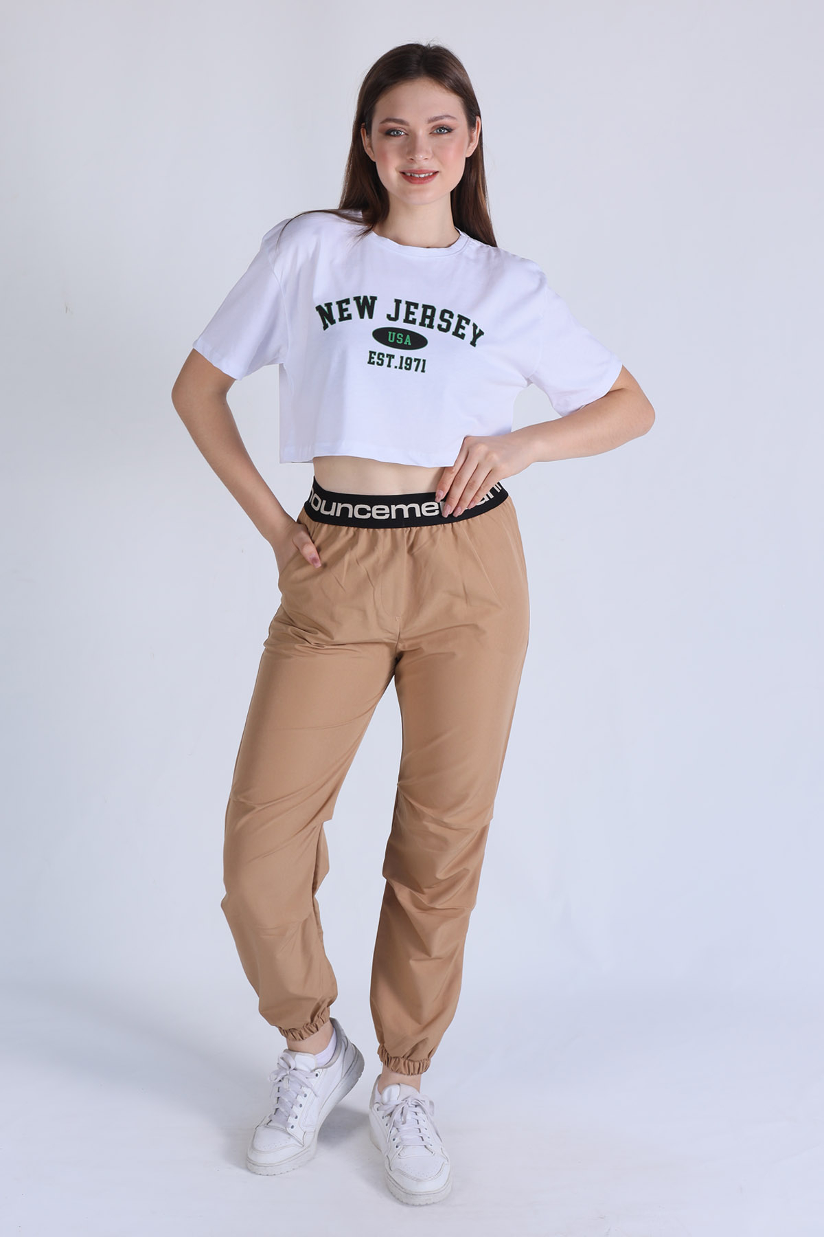 Beyaz New Jersey Baskı Crop Tişört 5162 - 2