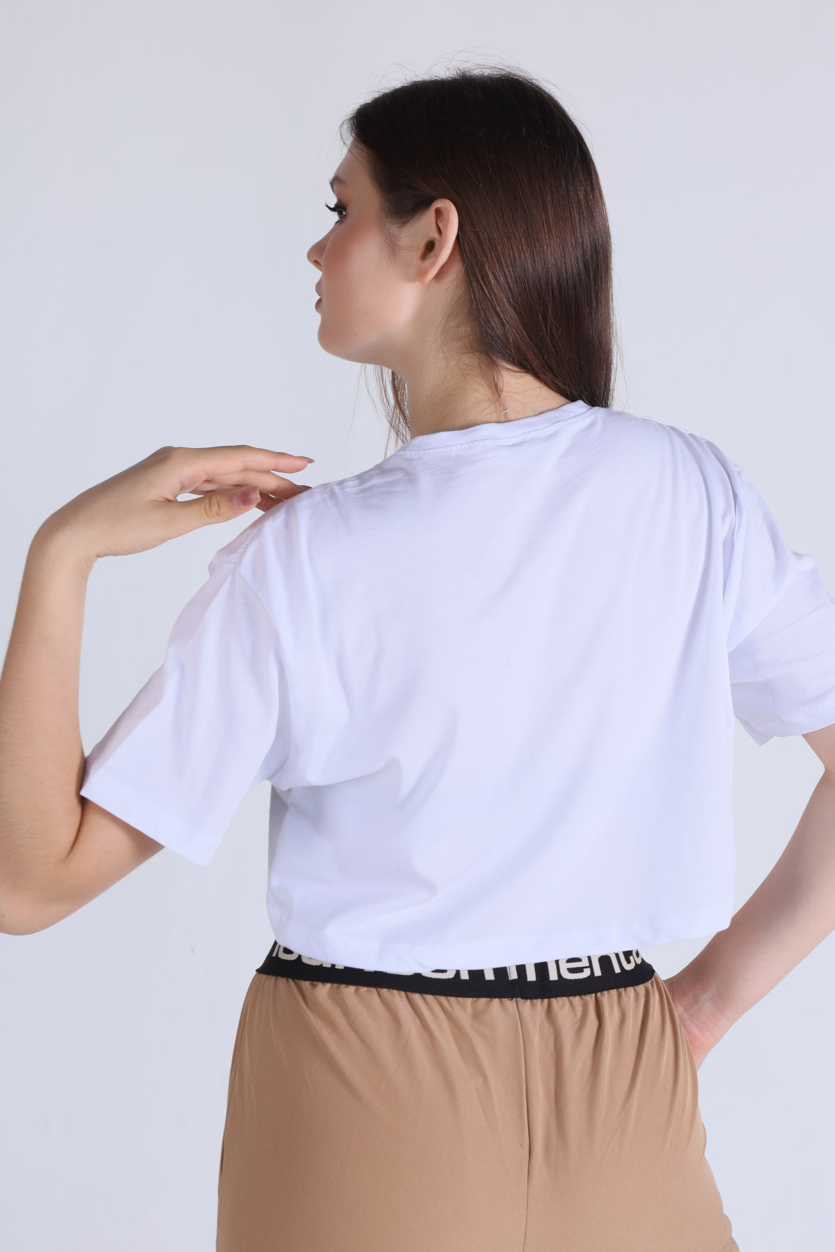 Beyaz New Jersey Baskı Crop Tişört 5162 - 4