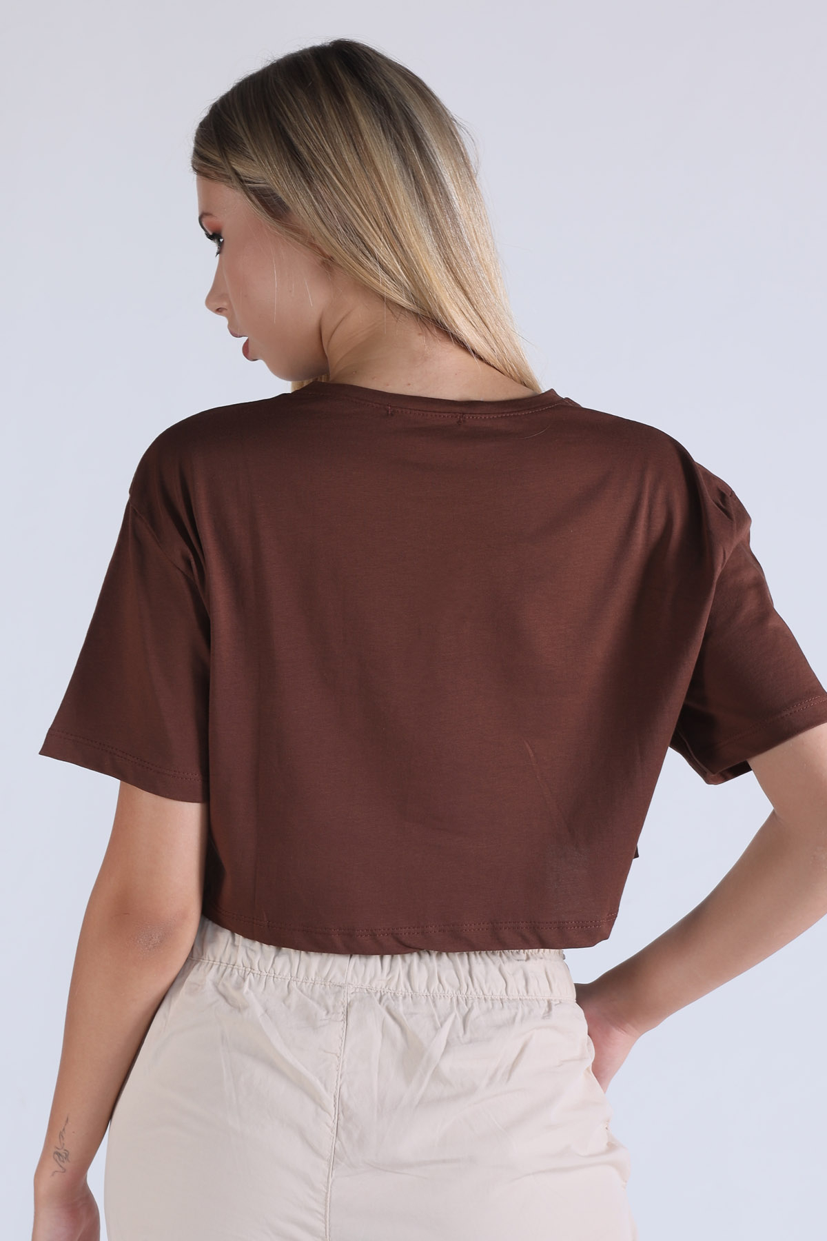 5162 New Jersey Baskı Crop Tişört Kahve - 3