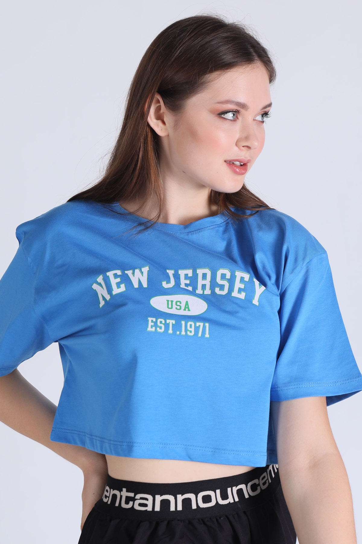 Mavi New Jersey Baskı Crop Tişört 5162 