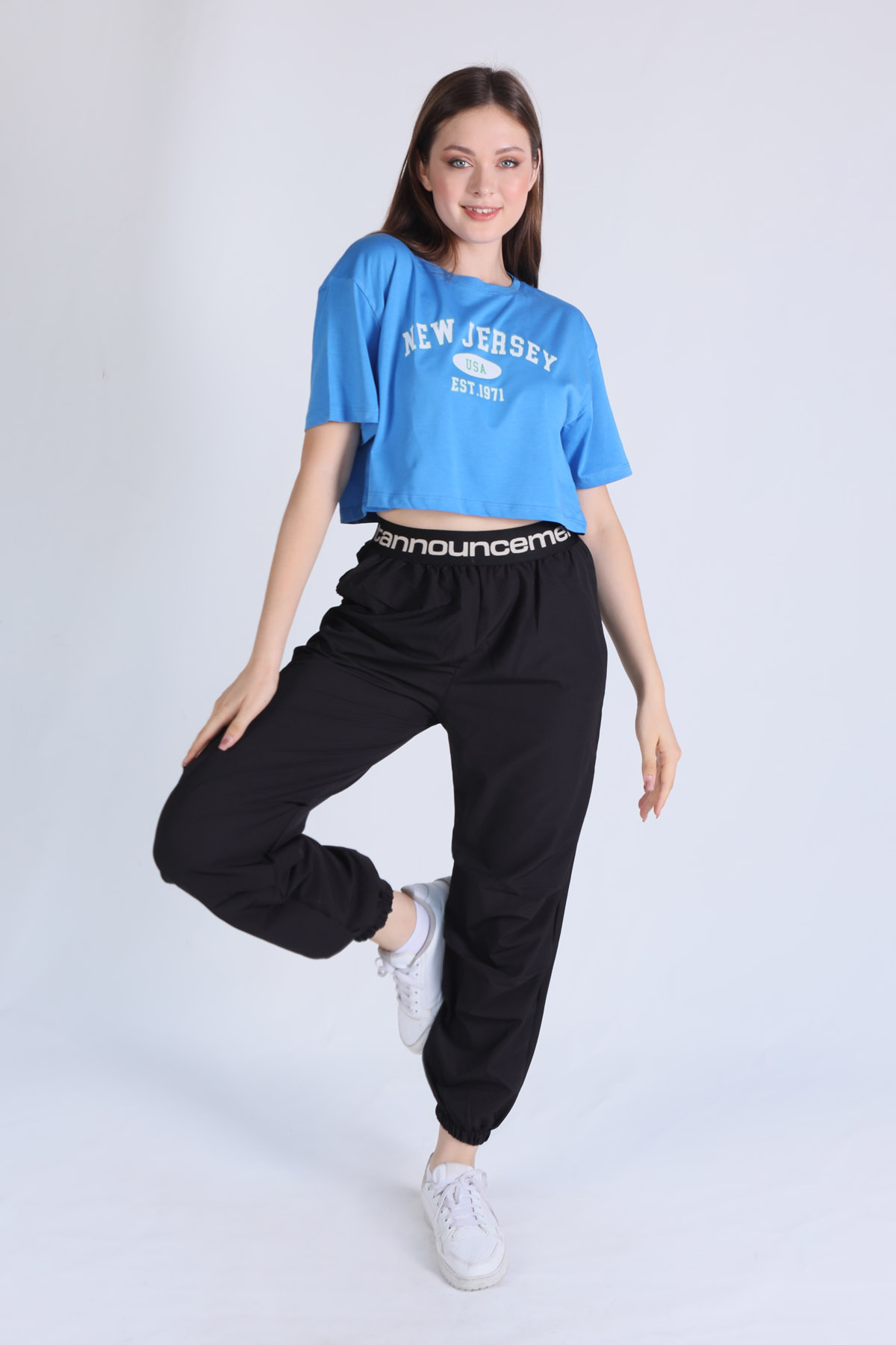 5162 New Jersey Baskı Crop Tişört Mavi - 3