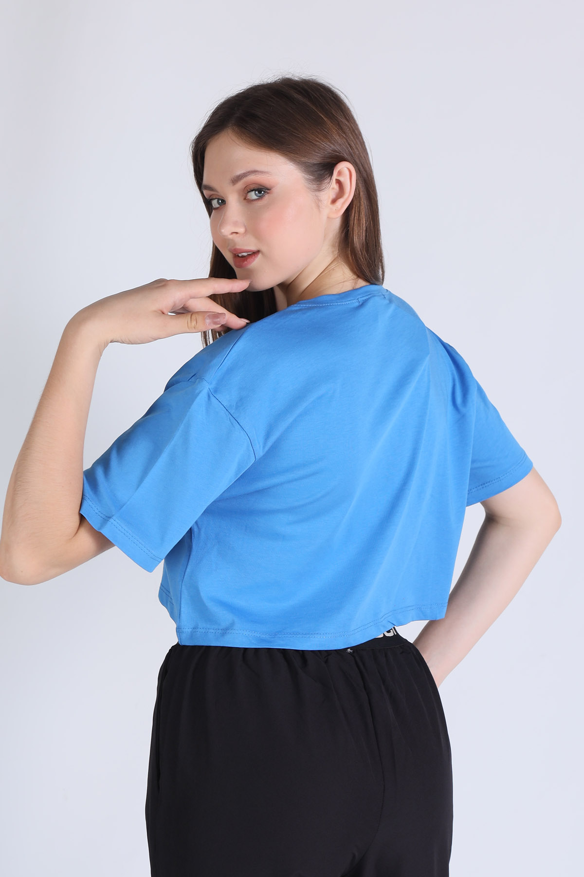 5162 New Jersey Baskı Crop Tişört Mavi - 4