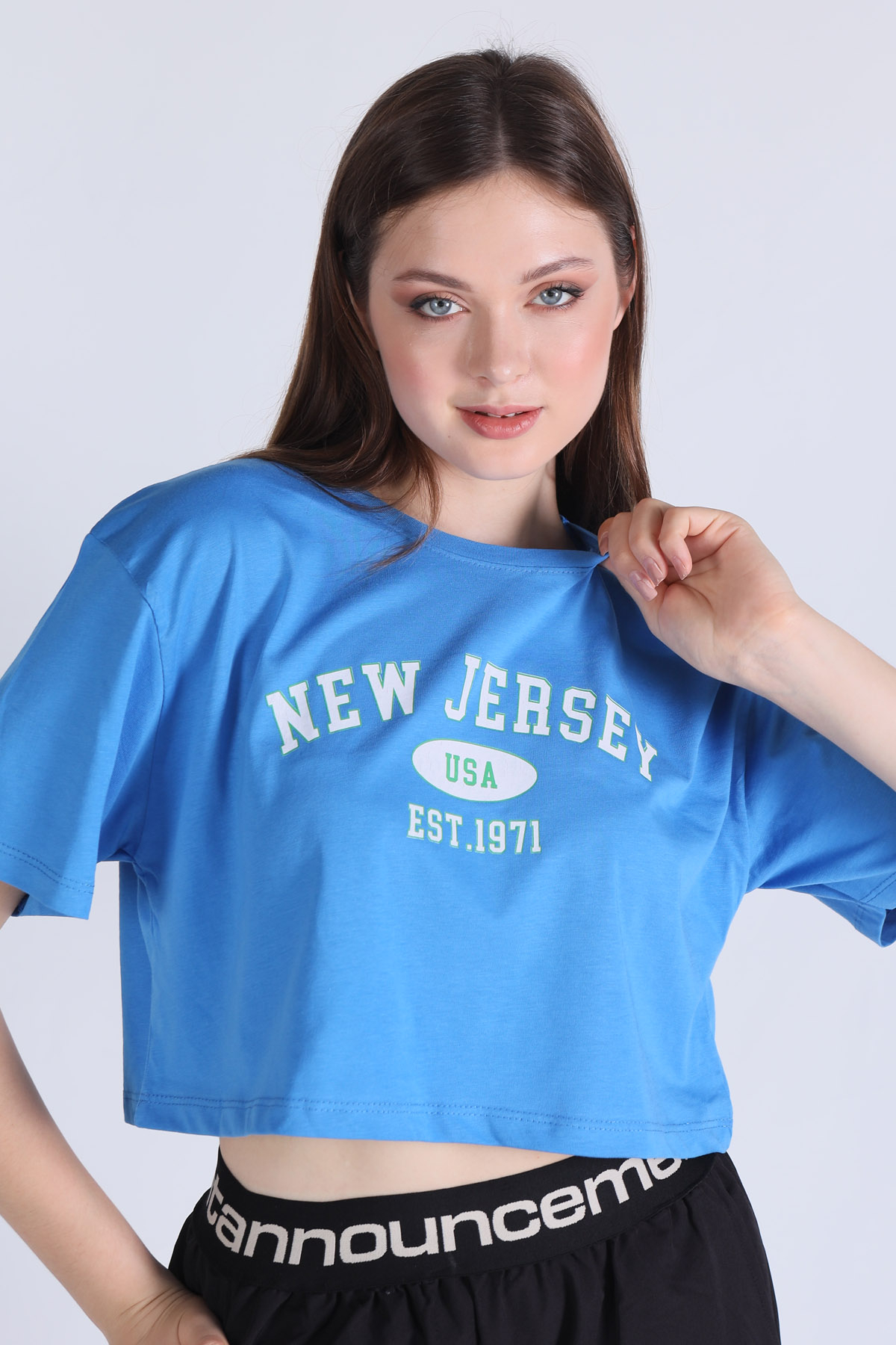 Mavi New Jersey Baskı Crop Tişört 5162 - 2