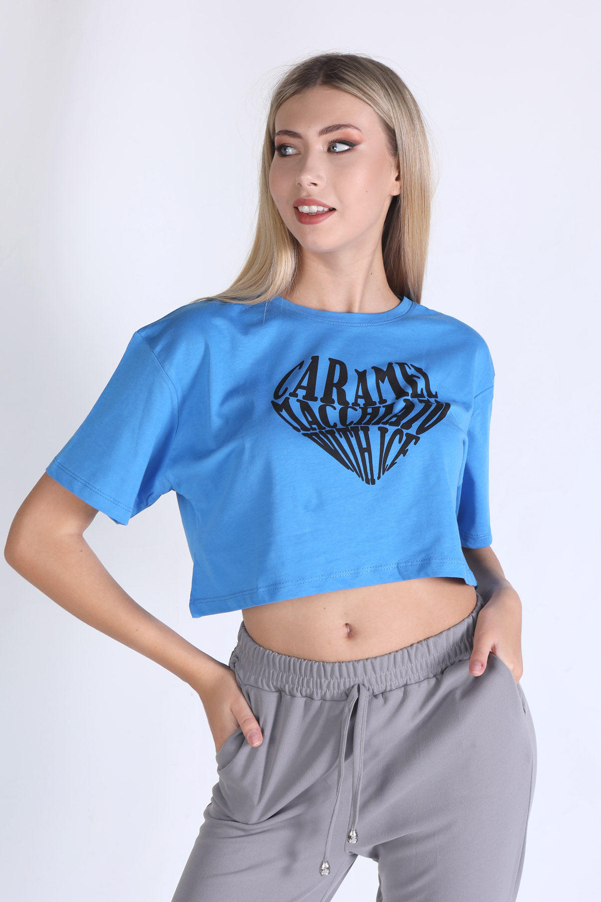 Mavi Caramel Baskı Crop Tişört 5164 - 2