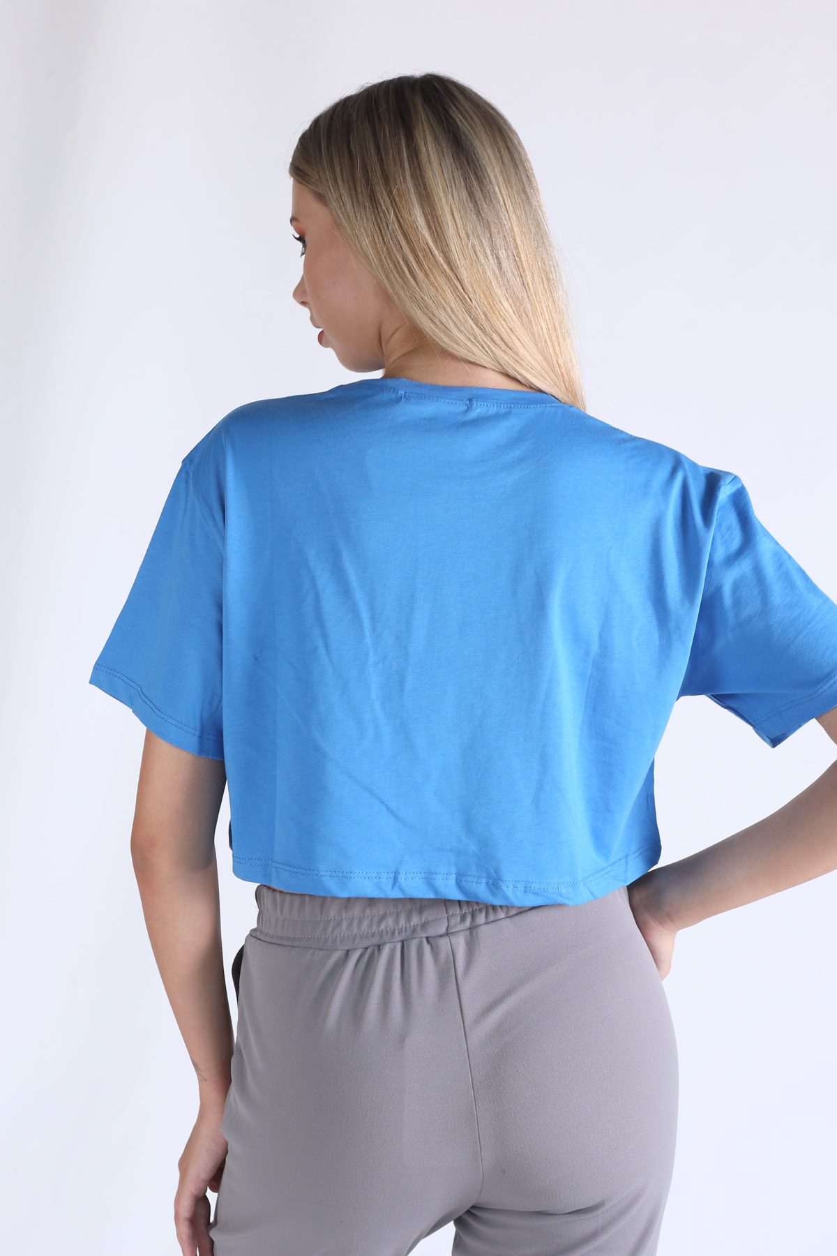 Mavi Caramel Baskı Crop Tişört 5164 - 3