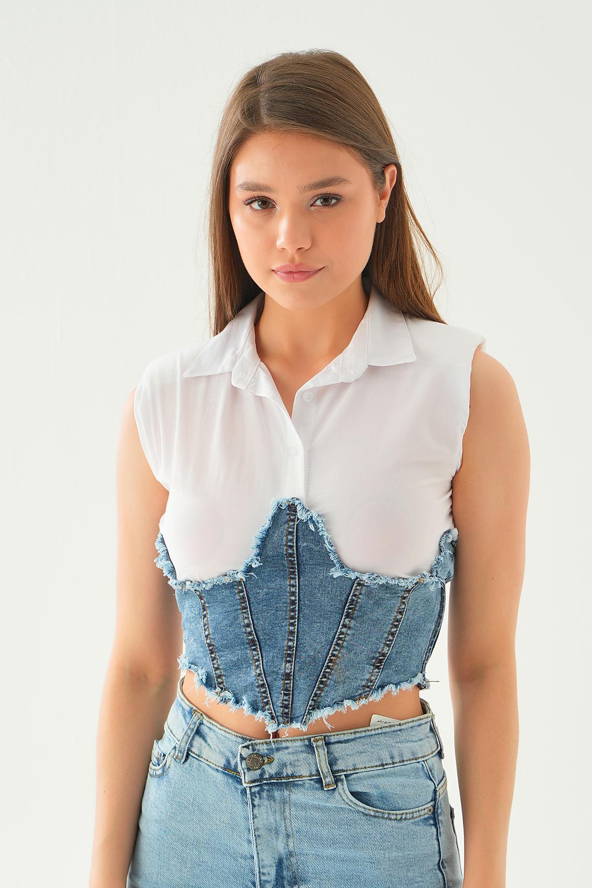 5221 Kot Garnili Kolsuz Gömlek Beyaz - 3