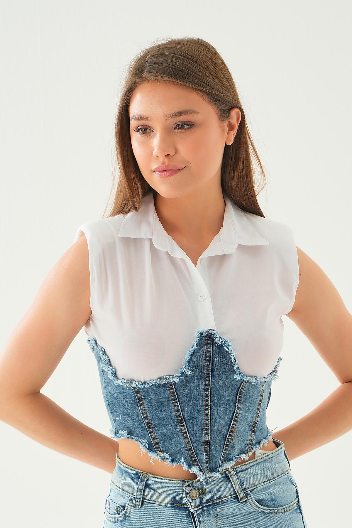 Beyaz Kot Garnili Kolsuz Gömlek 5221 - 4