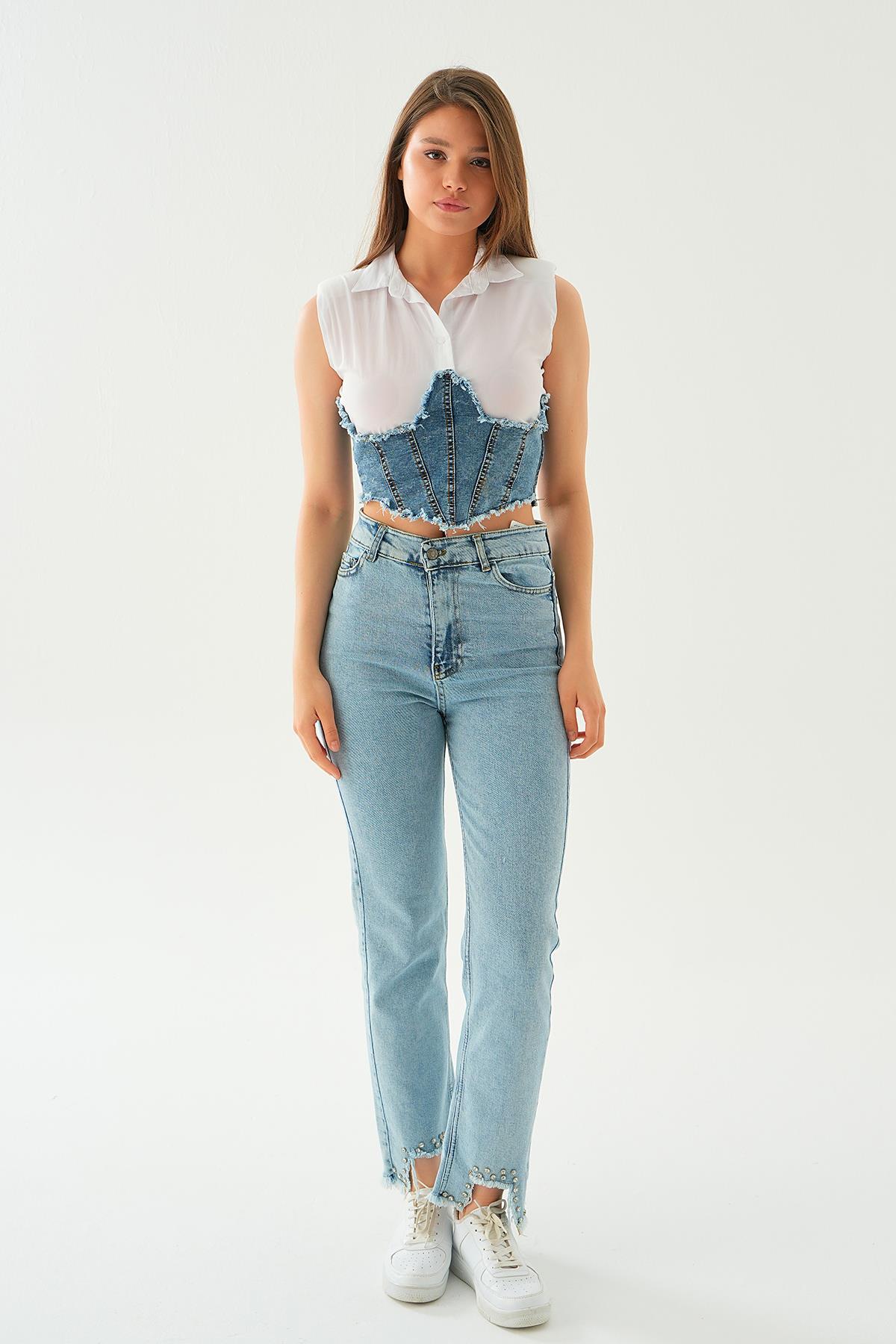 Beyaz Kot Garnili Kolsuz Gömlek 5221 - 6