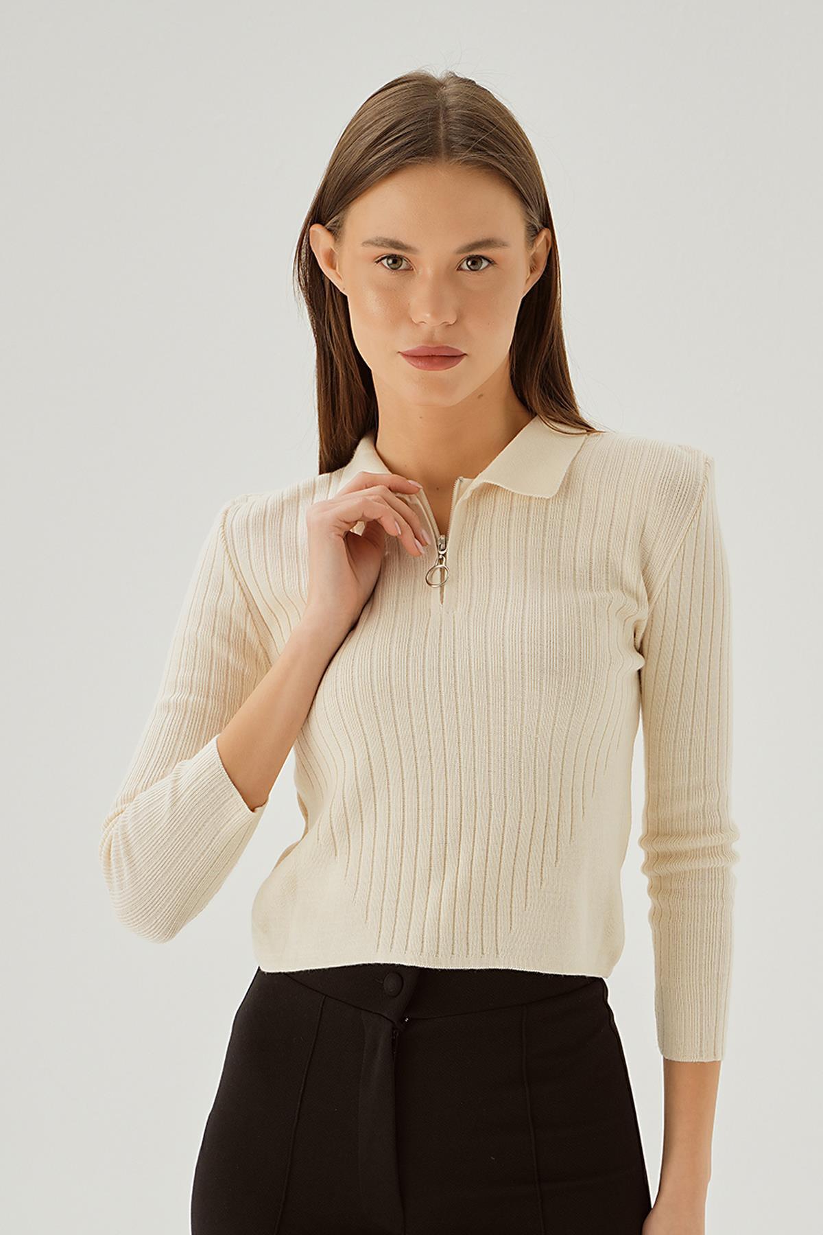 Bej Polo Yaka Fermuarlı Kazak 5272 - 1