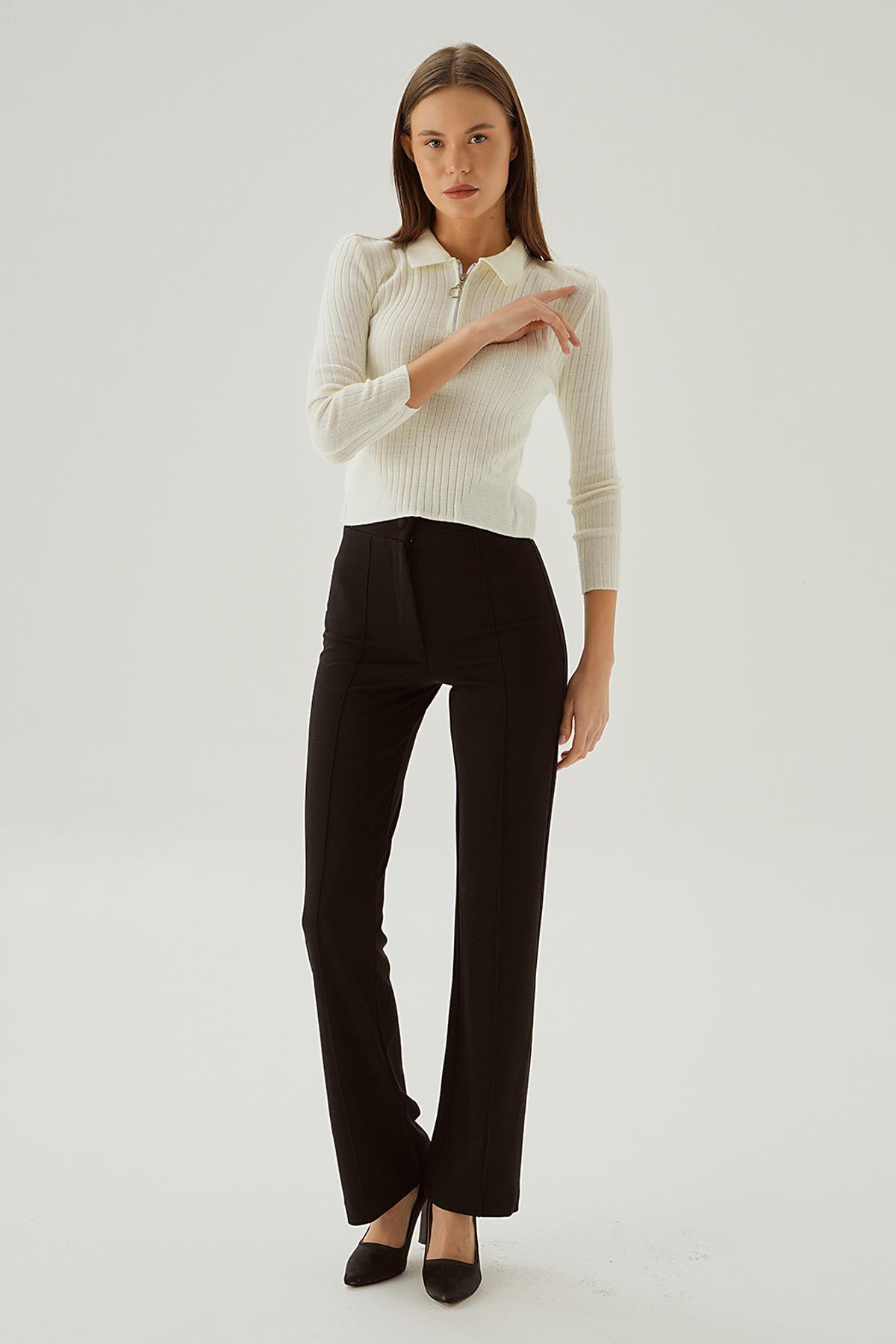 5272 Polo Yaka Fermuarlı Bluz Kemik - 3