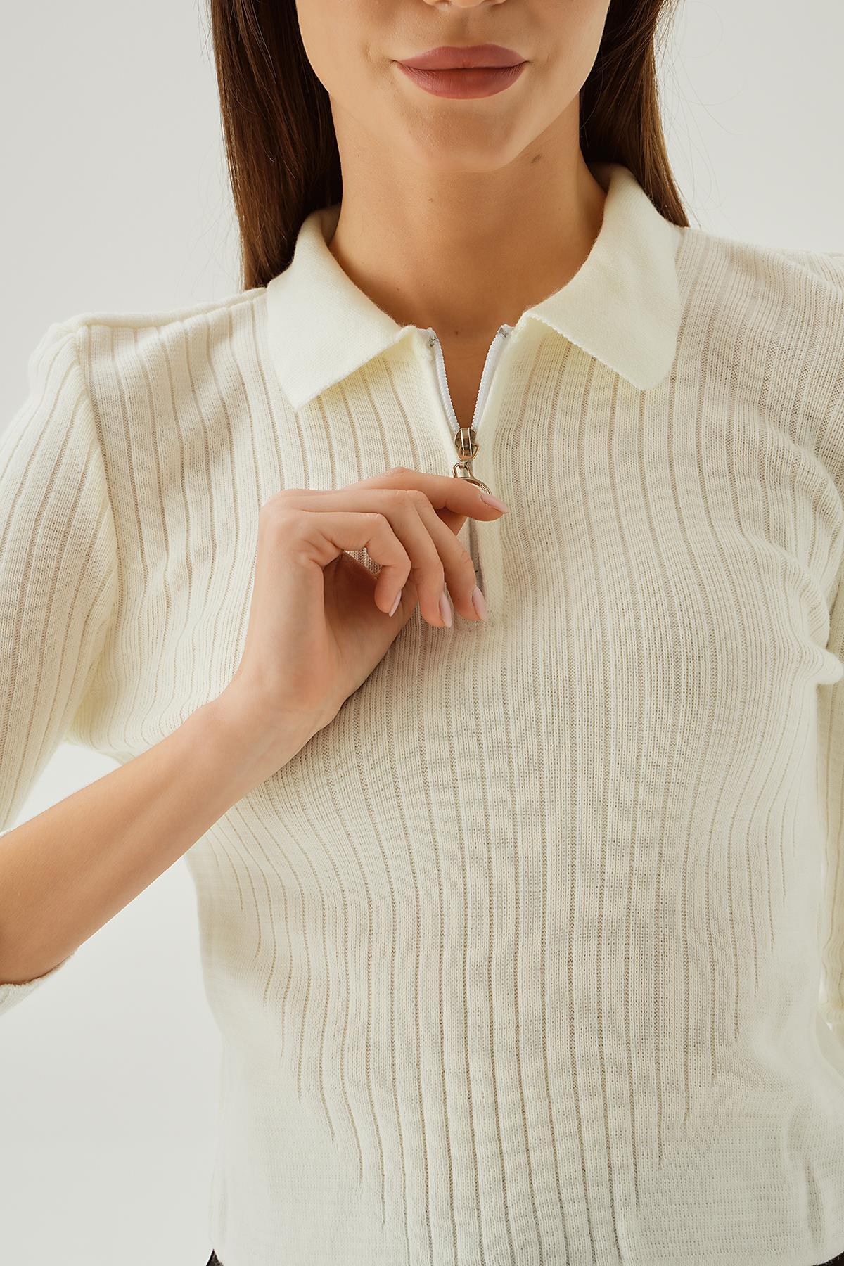 5272 Polo Yaka Fermuarlı Bluz Kemik - 6