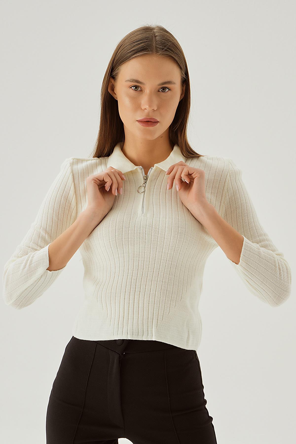 Kemik Polo Yaka Fermuarlı Kazak 5272 - 1