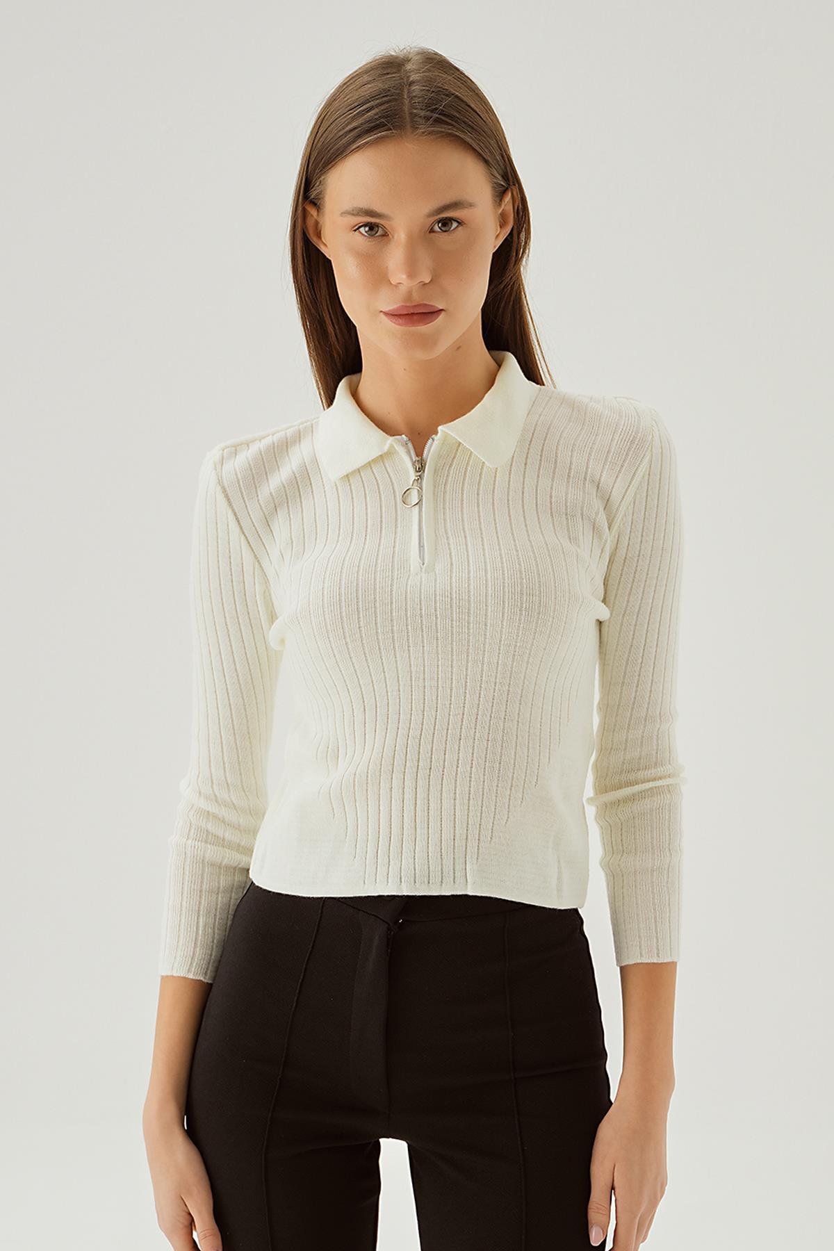 Kemik Polo Yaka Fermuarlı Kazak 5272 - 5