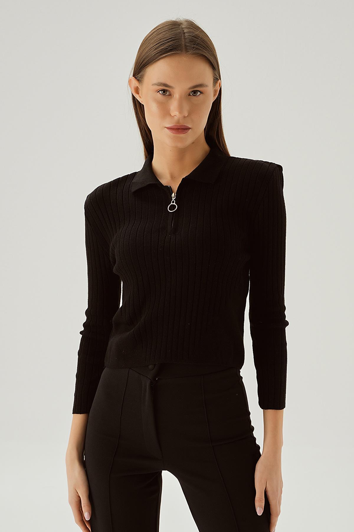 5272 Polo Yaka Fermuarlı Bluz Siyah - 5