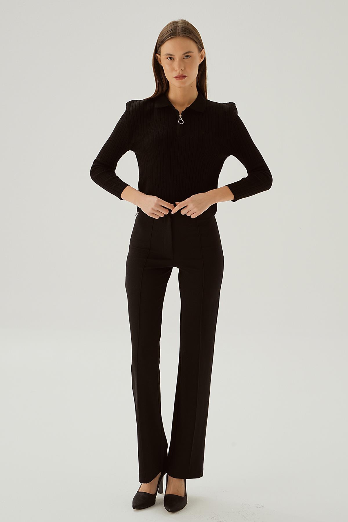 Siyah Polo Yaka Fermuarlı Kazak 5272 