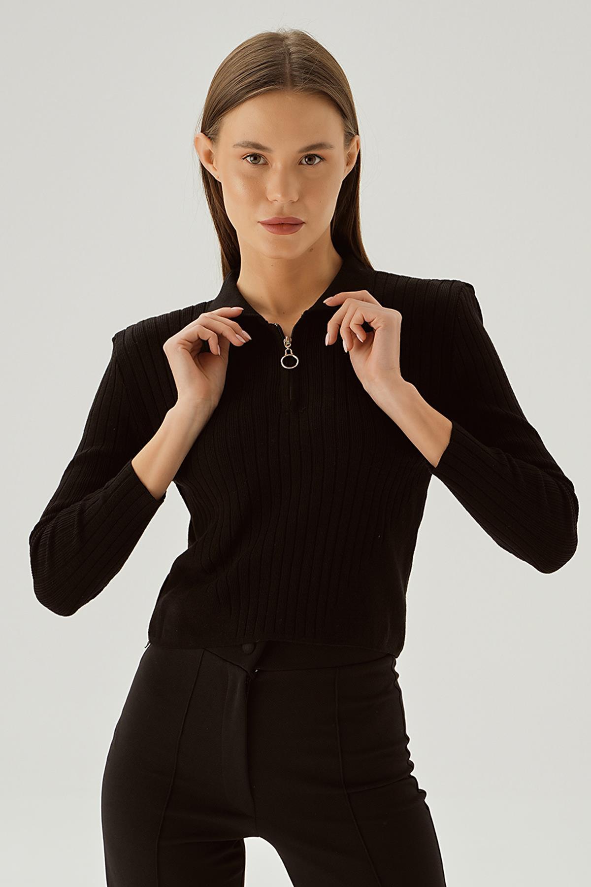 Siyah Polo Yaka Fermuarlı Kazak 5272 - 4