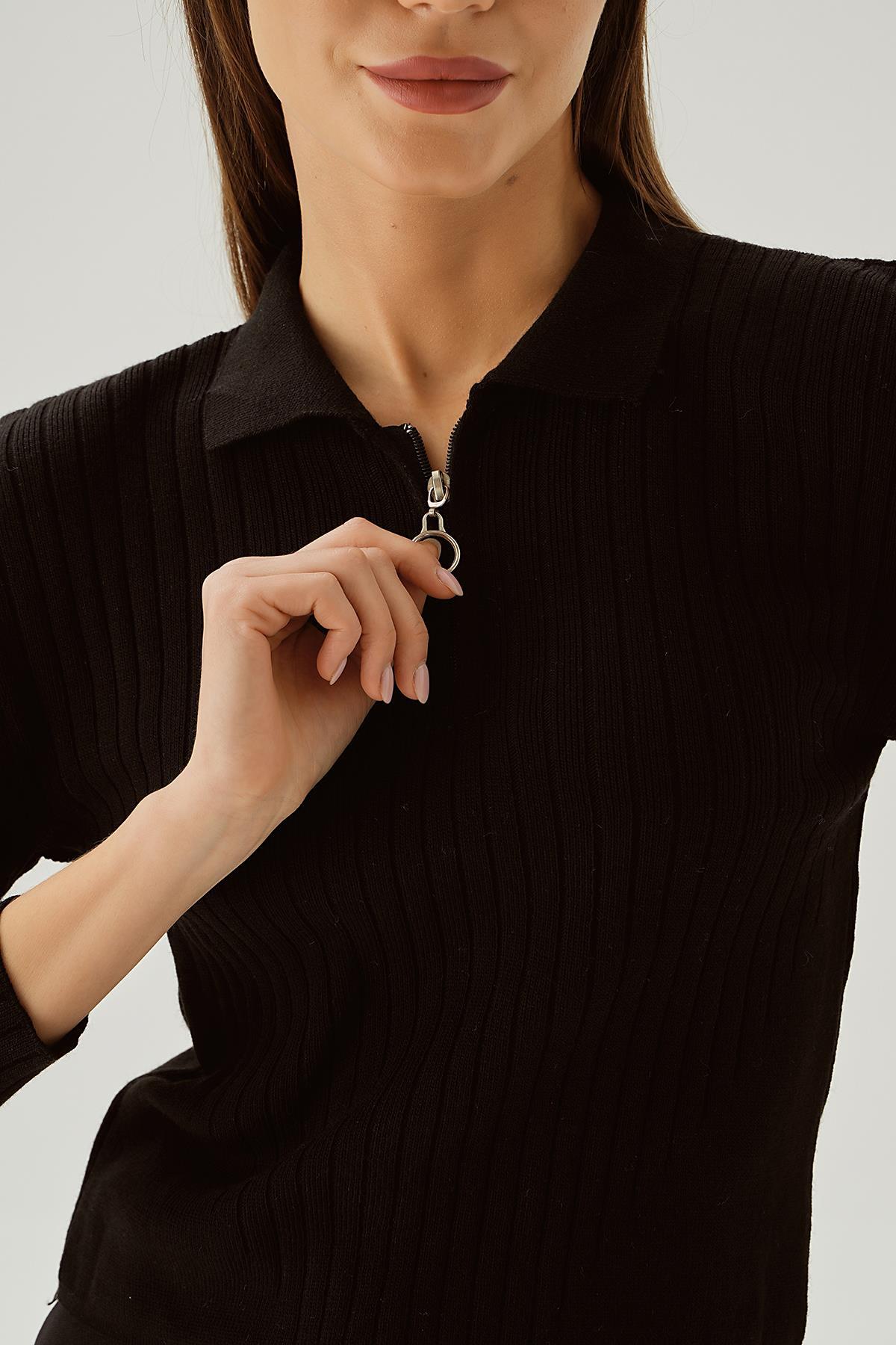 Siyah Polo Yaka Fermuarlı Kazak 5272 - 6