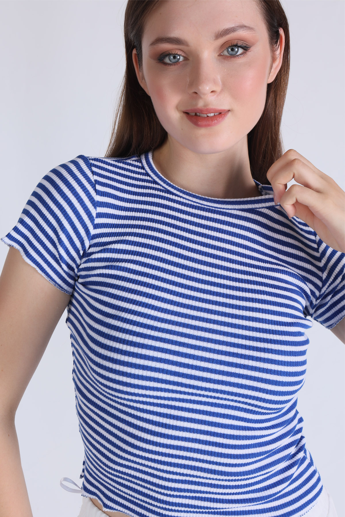 5285 Çizgili Crop Bluz Saks - 1