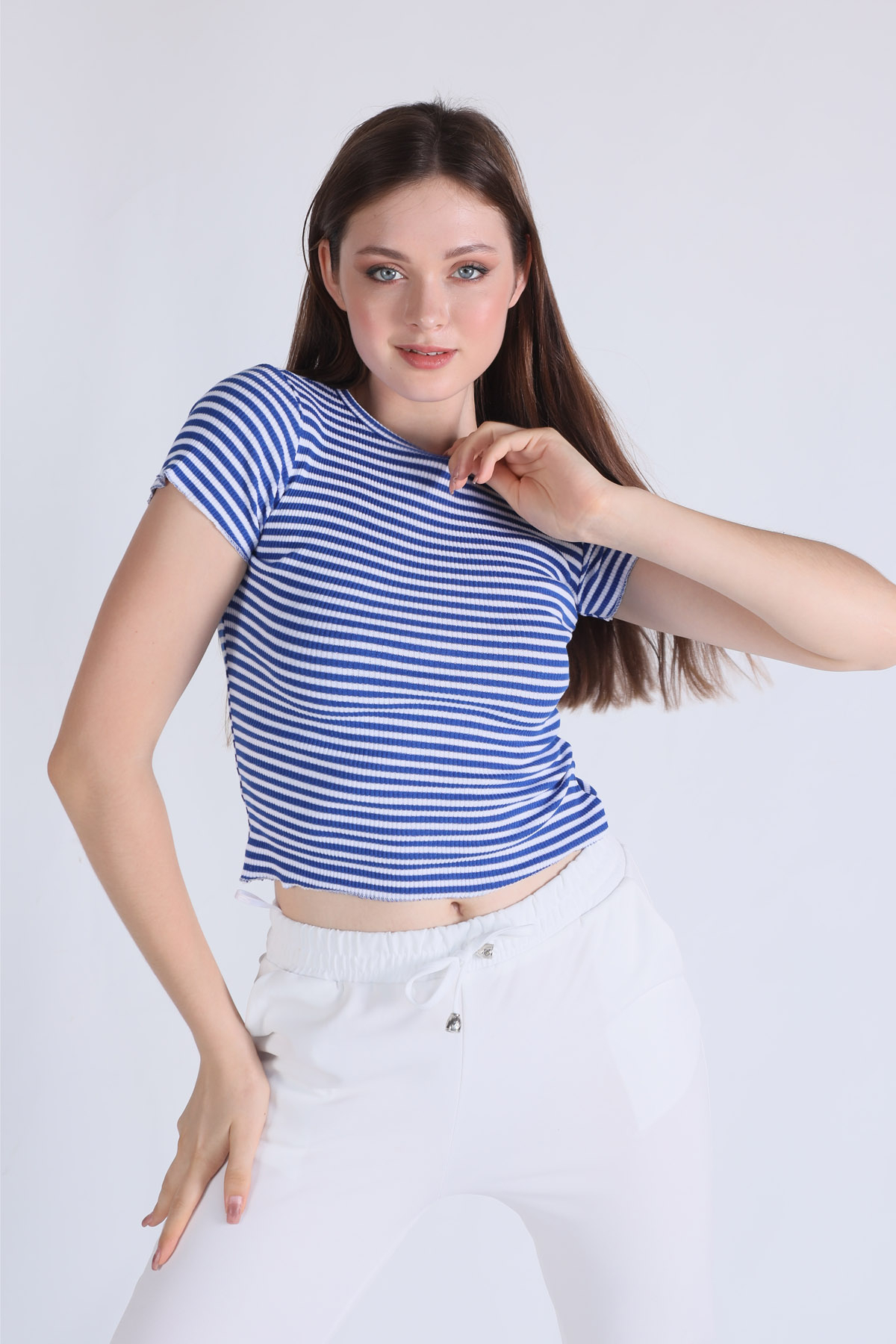 Saks Çizgili Crop Bluz 5285 - 2