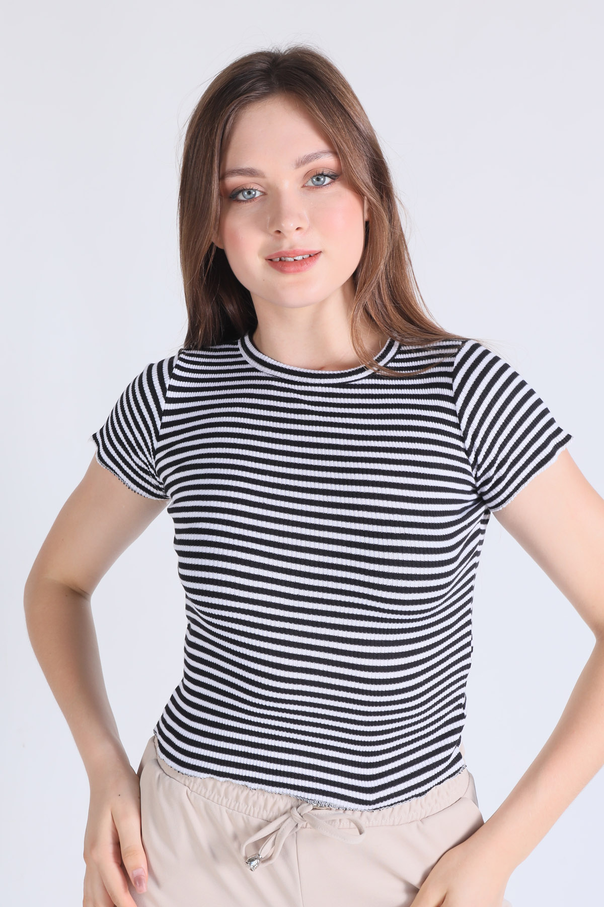 5285 Çizgili Crop Bluz Siyah - 2